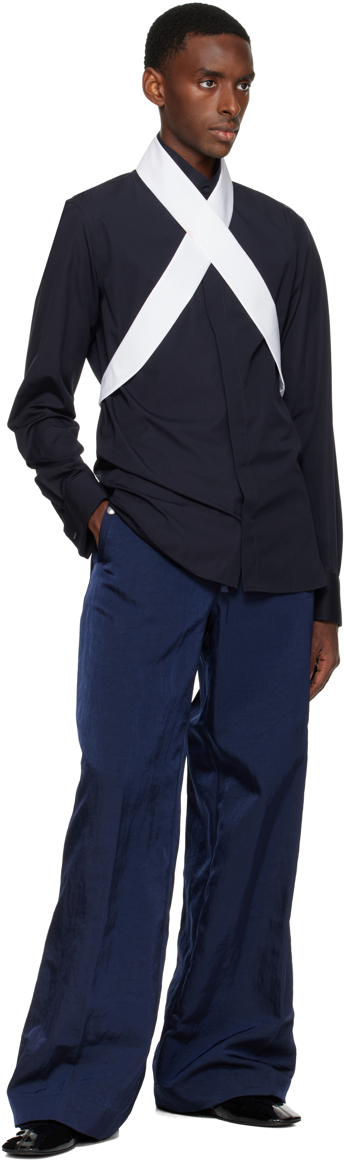 Dries Van Noten Navy Detachable Strap Shirt In Blue