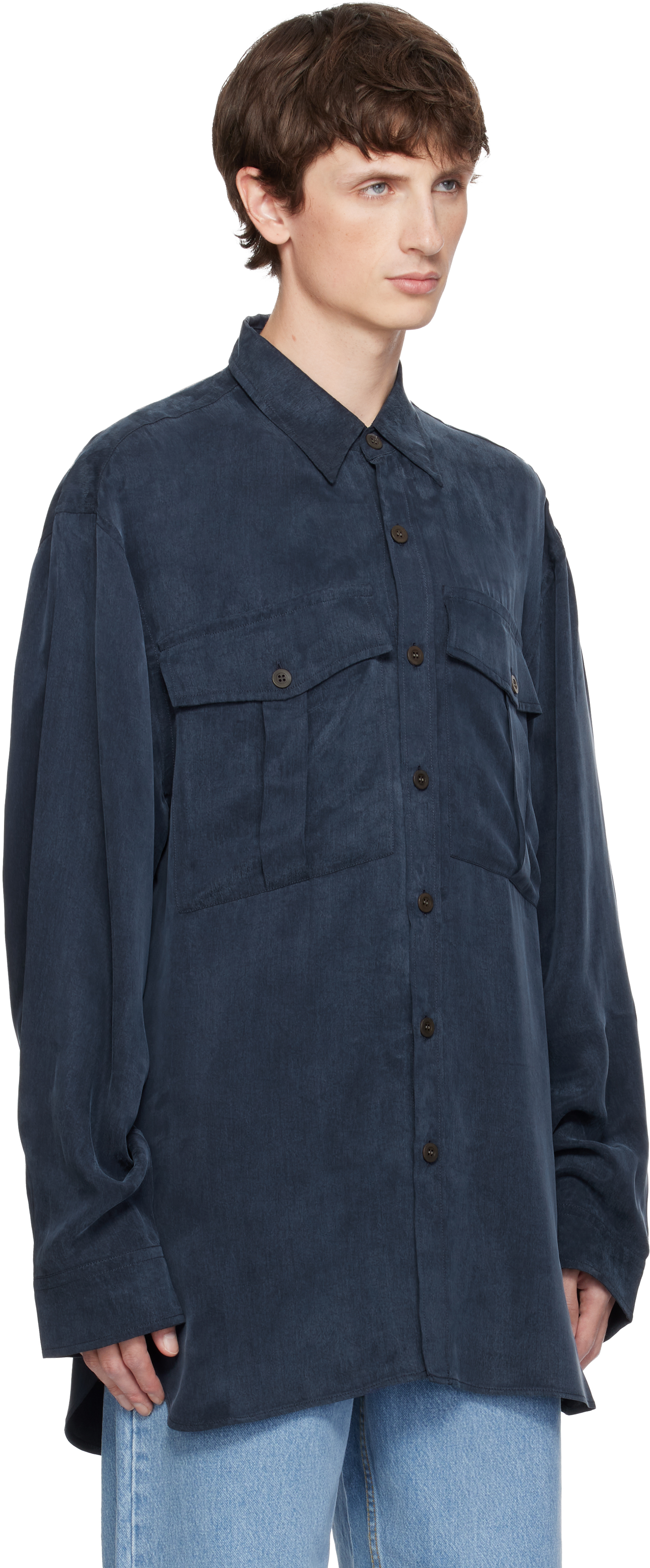 Dries Van Noten Navy Oversized Cupro Shirt In Blue