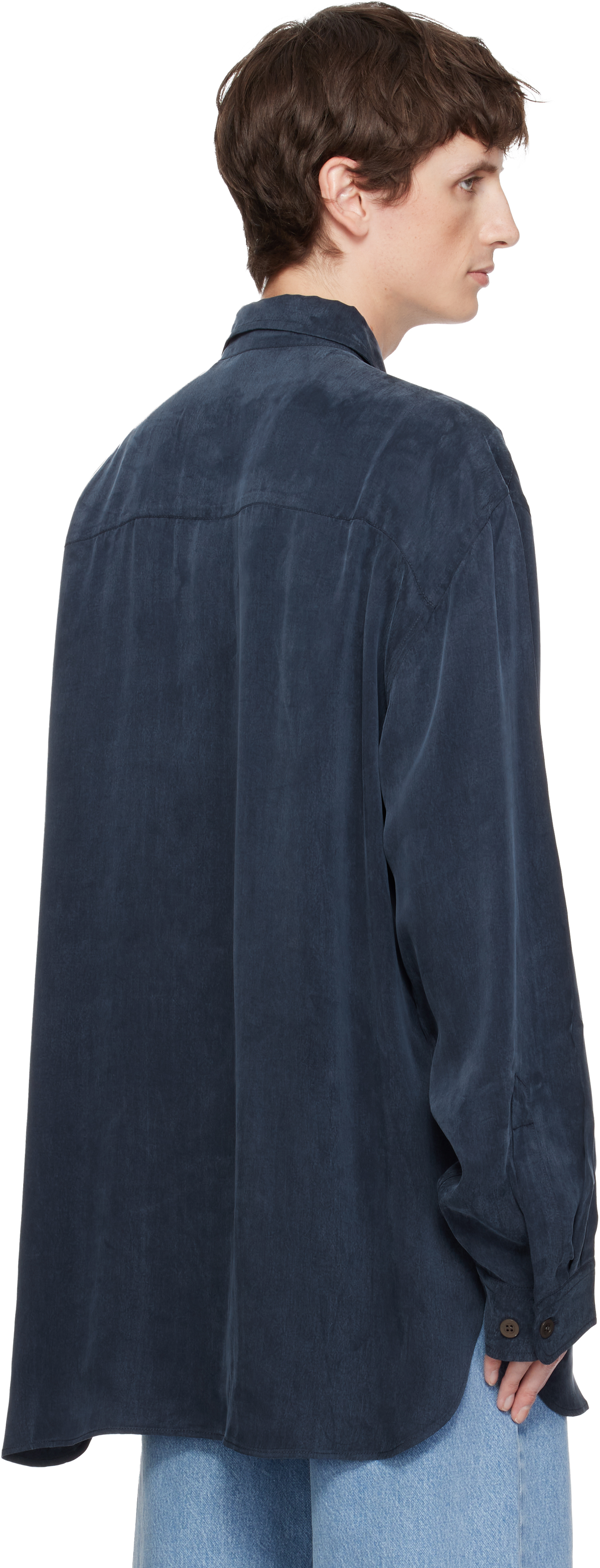 Dries Van Noten Navy Oversized Cupro Shirt In Blue