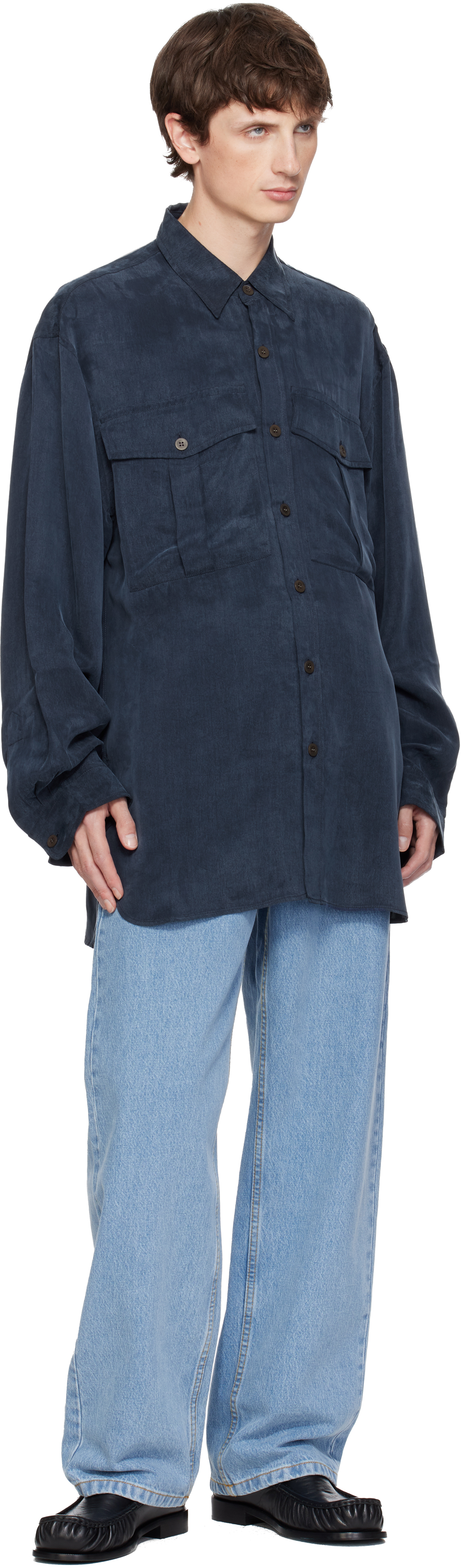 Dries Van Noten Navy Oversized Cupro Shirt In Blue