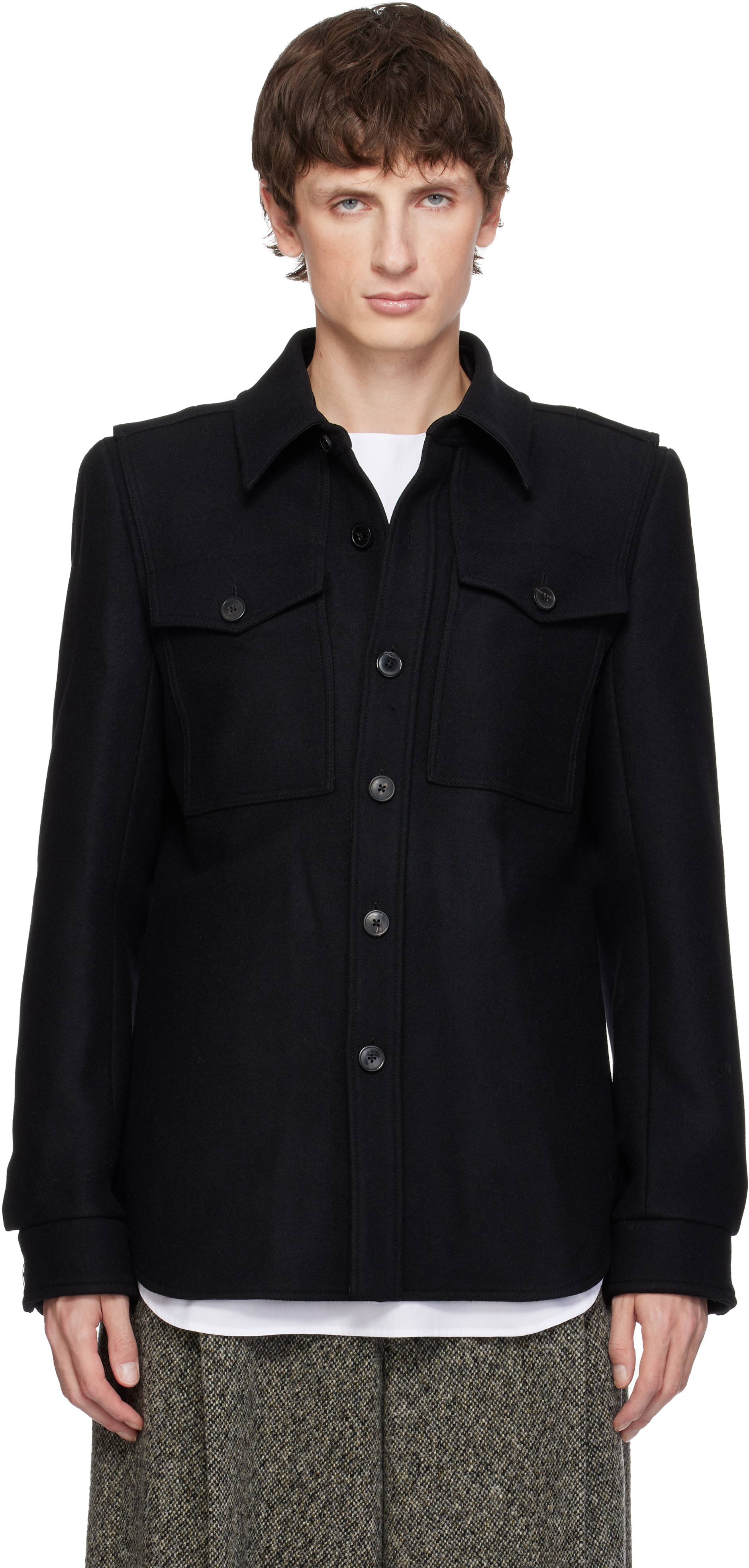 Dries Van Noten Black Constructed Wool Overshirt In Blue
