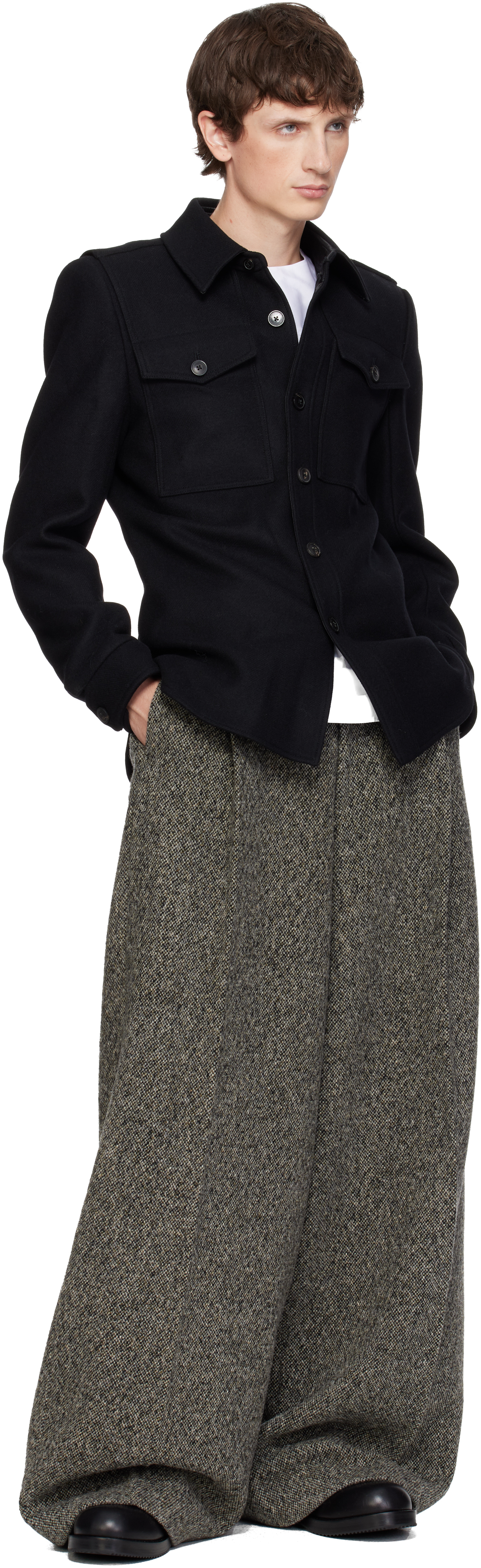 Dries Van Noten Black Constructed Wool Overshirt In Blue