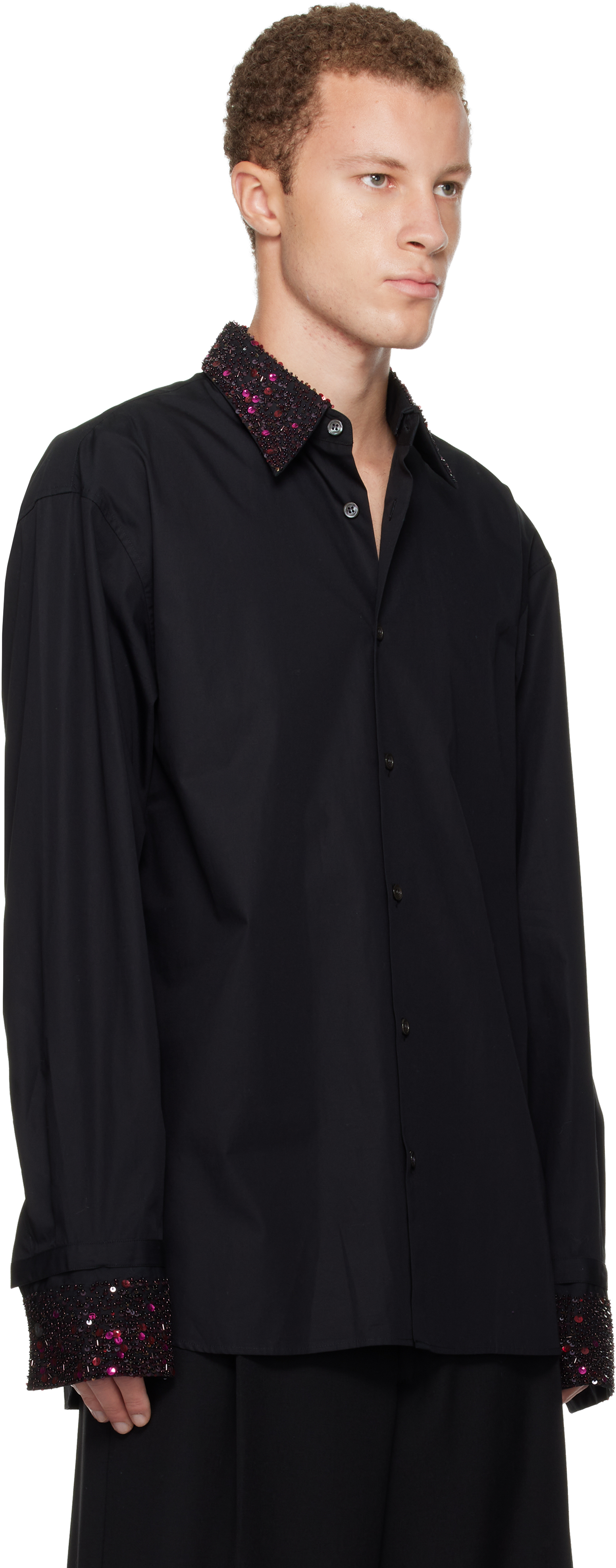 Dries Van Noten Black Sequinned Trim Shirt In Black