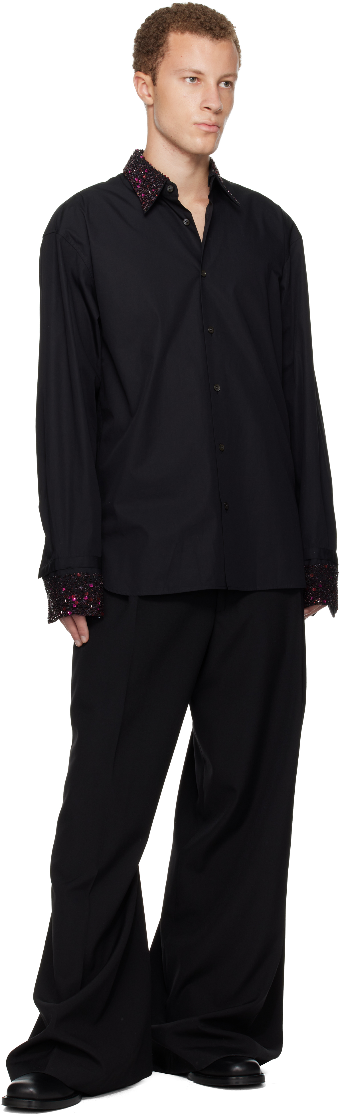 Dries Van Noten Black Sequinned Trim Shirt In Black