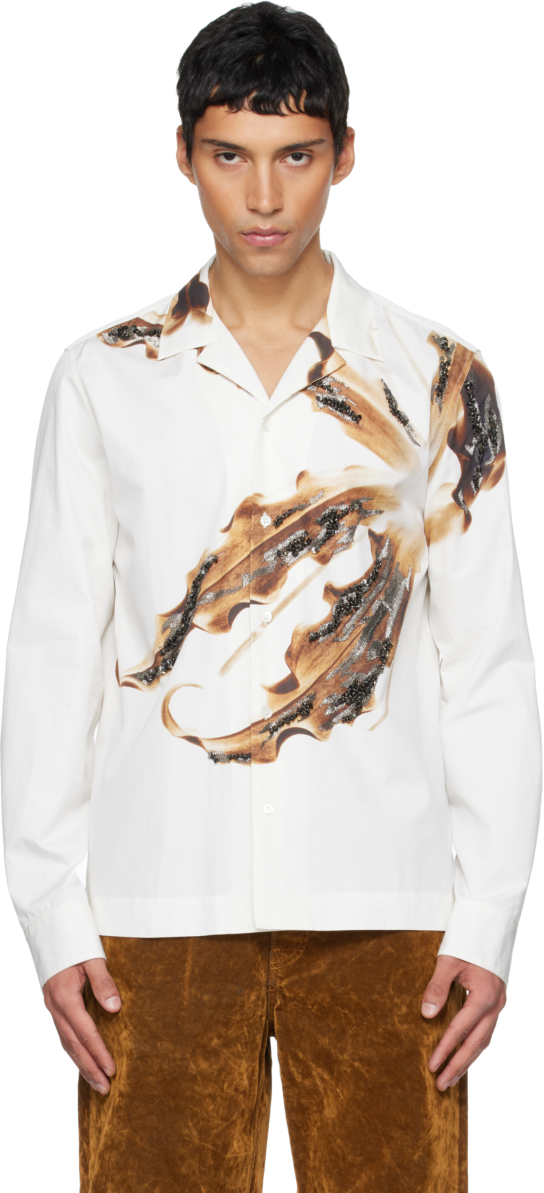 Dries Van Noten White Embroidered Cotton Shirt In Brown