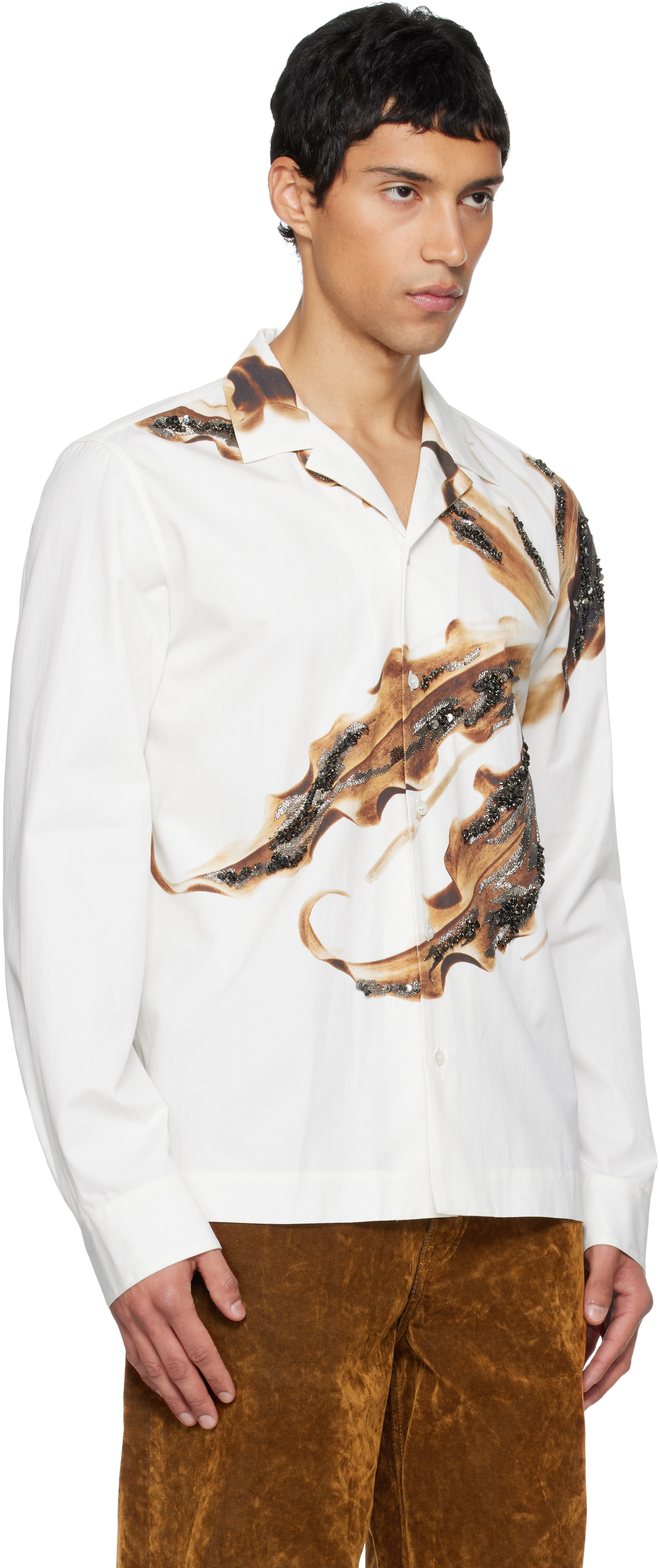 Dries Van Noten White Embroidered Cotton Shirt In Brown