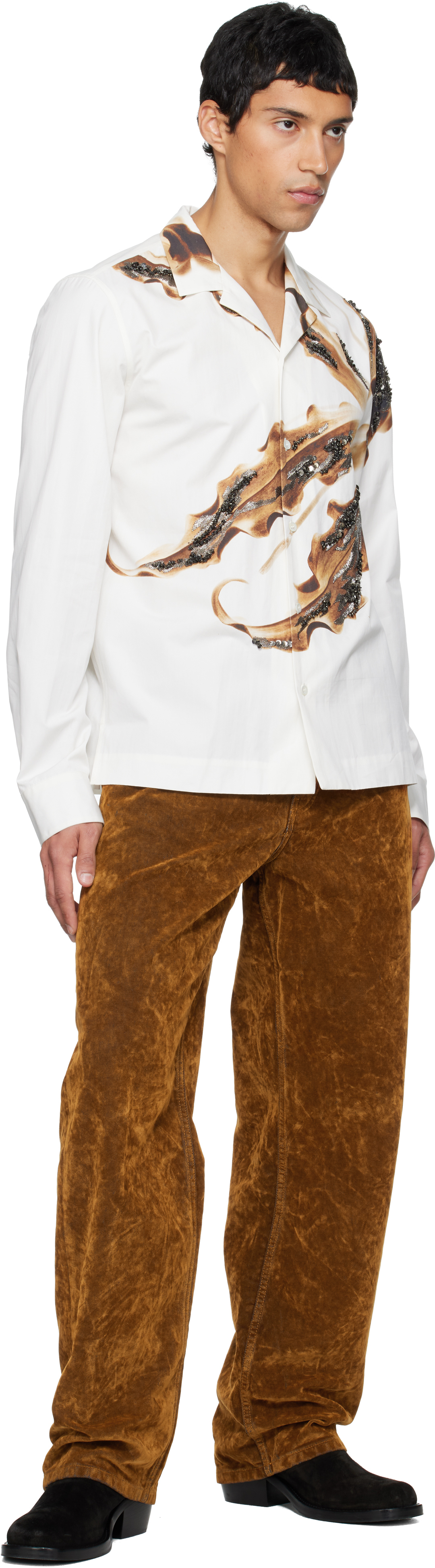 Dries Van Noten White Embroidered Cotton Shirt In Brown