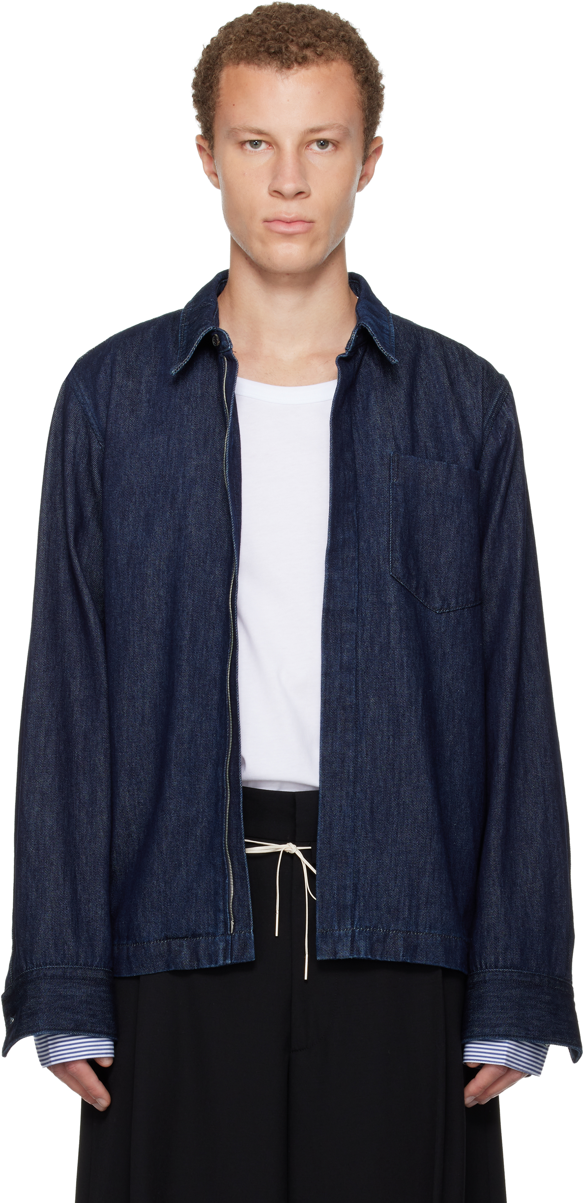 Dries Van Noten Navy Zip Denim Shirt In Animal Print