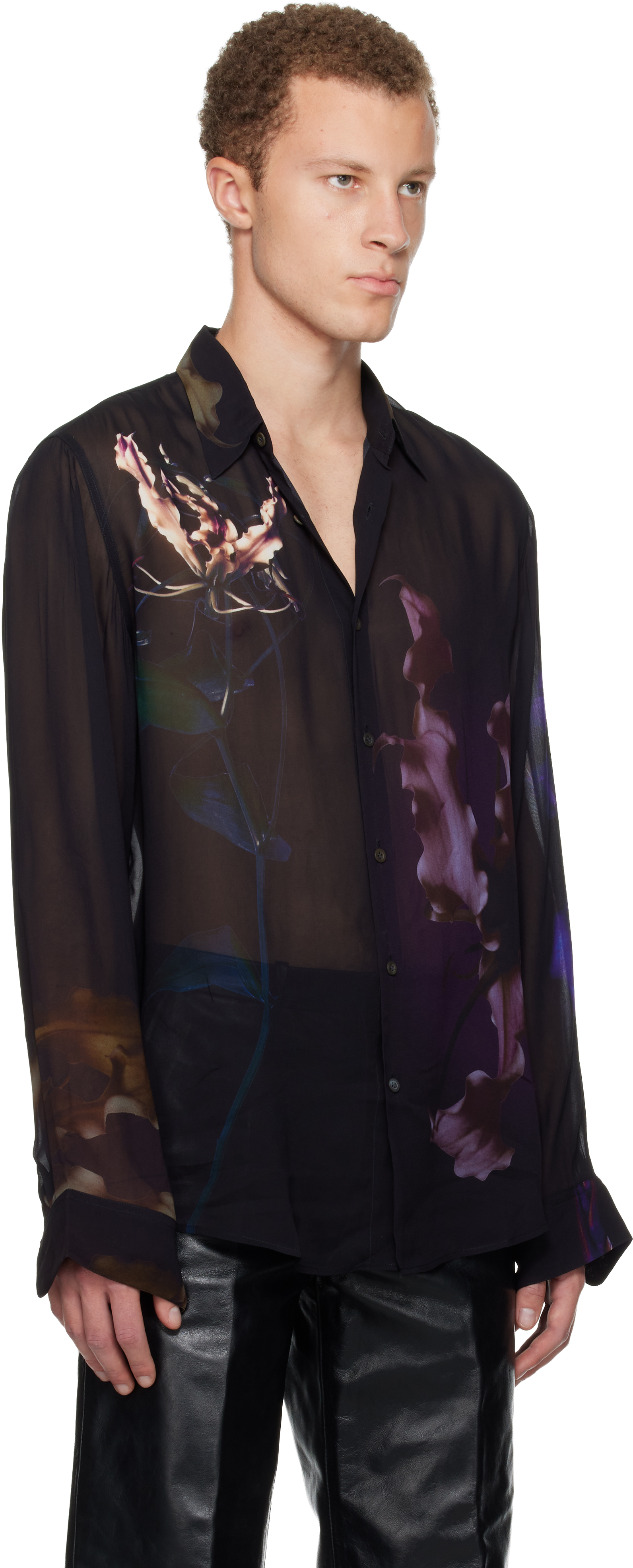 Dries Van Noten Men Printed Organza Curles Shirt In Black