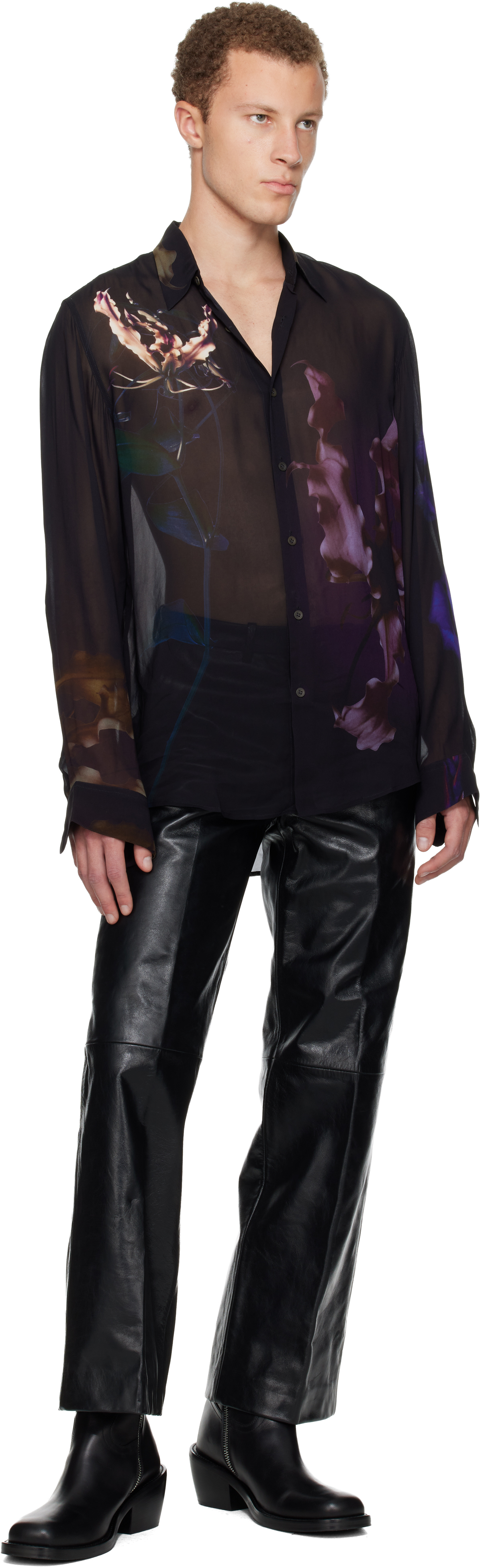 Dries Van Noten Men Printed Organza Curles Shirt In Black