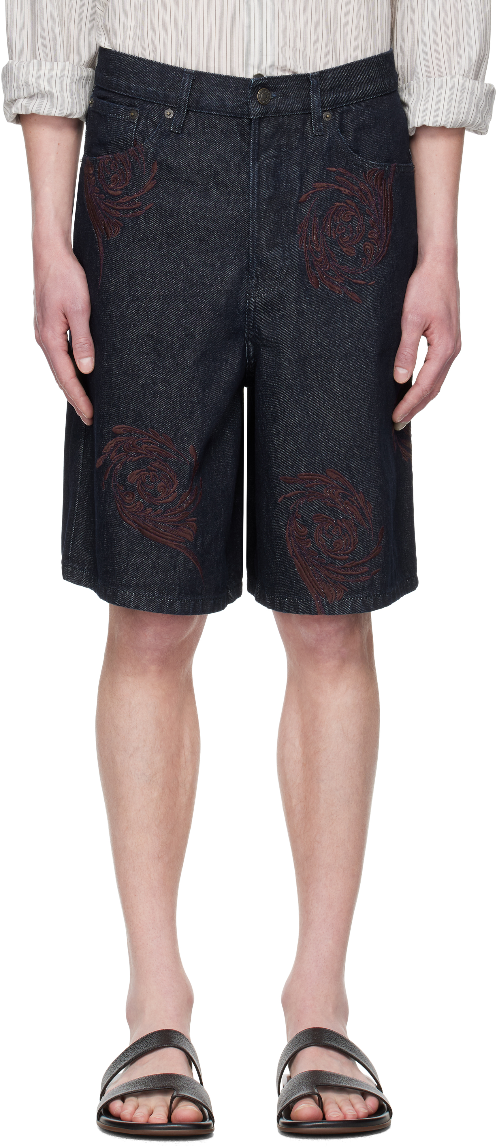 Navy Embroidered Pattern Denim Shorts