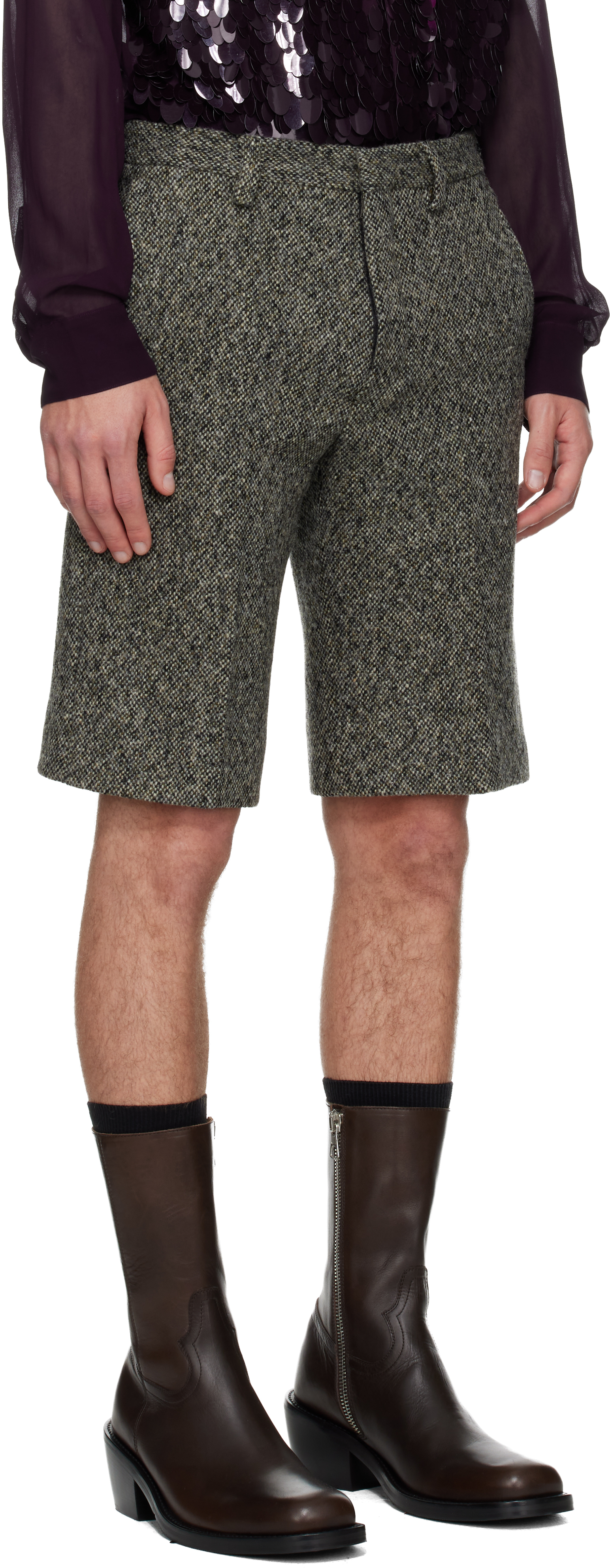 Dries Van Noten Gray Tailored Wool Shorts In Green