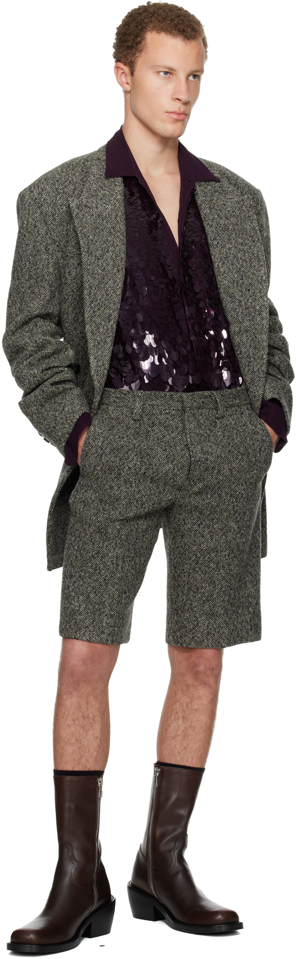 Dries Van Noten Gray Tailored Wool Shorts In Green