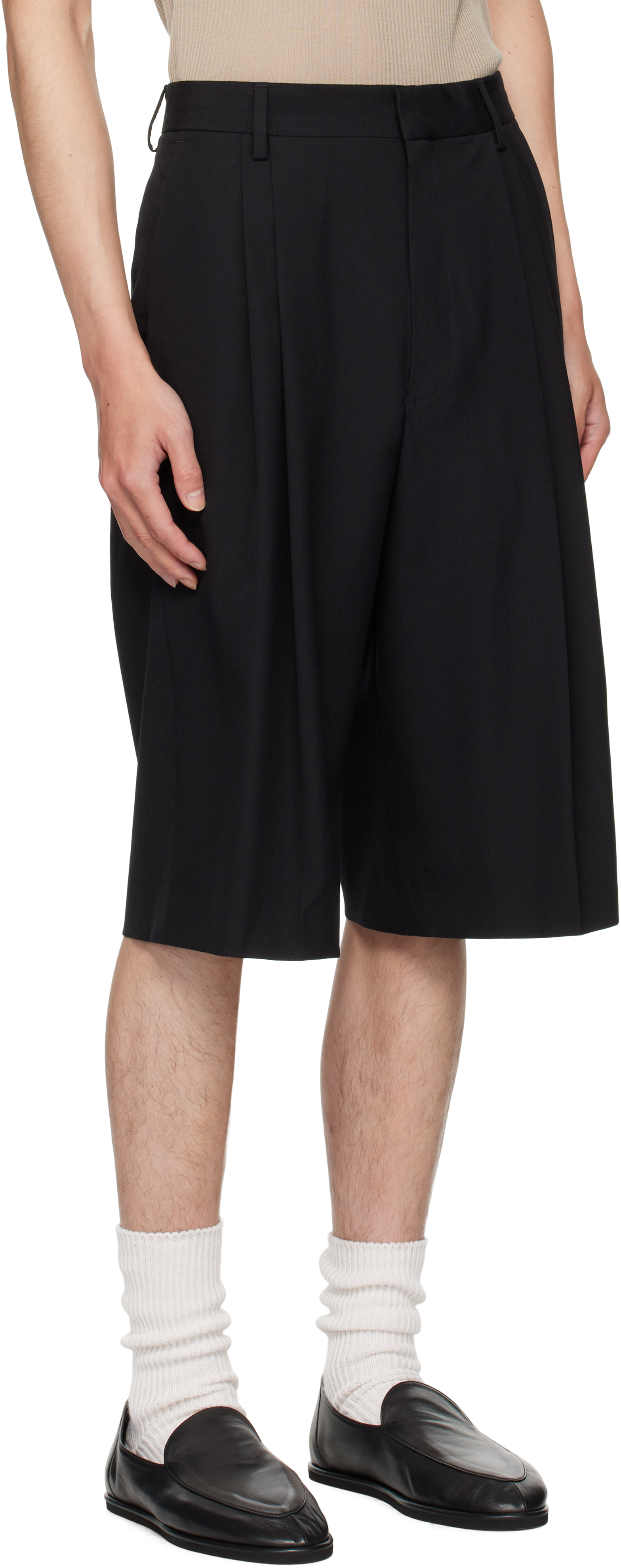Dries Van Noten Navy Tailored Wool Shorts In Black
