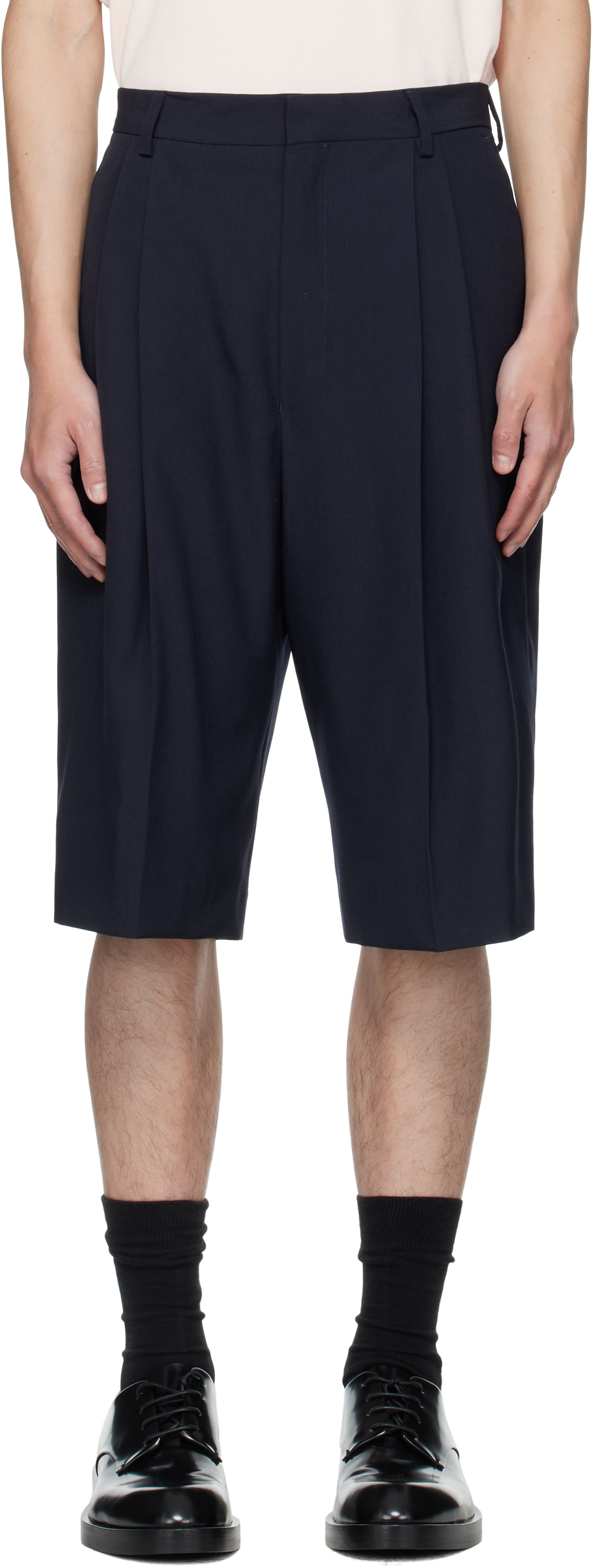 Dries Van Noten Navy Tailored Wool Shorts In Blue