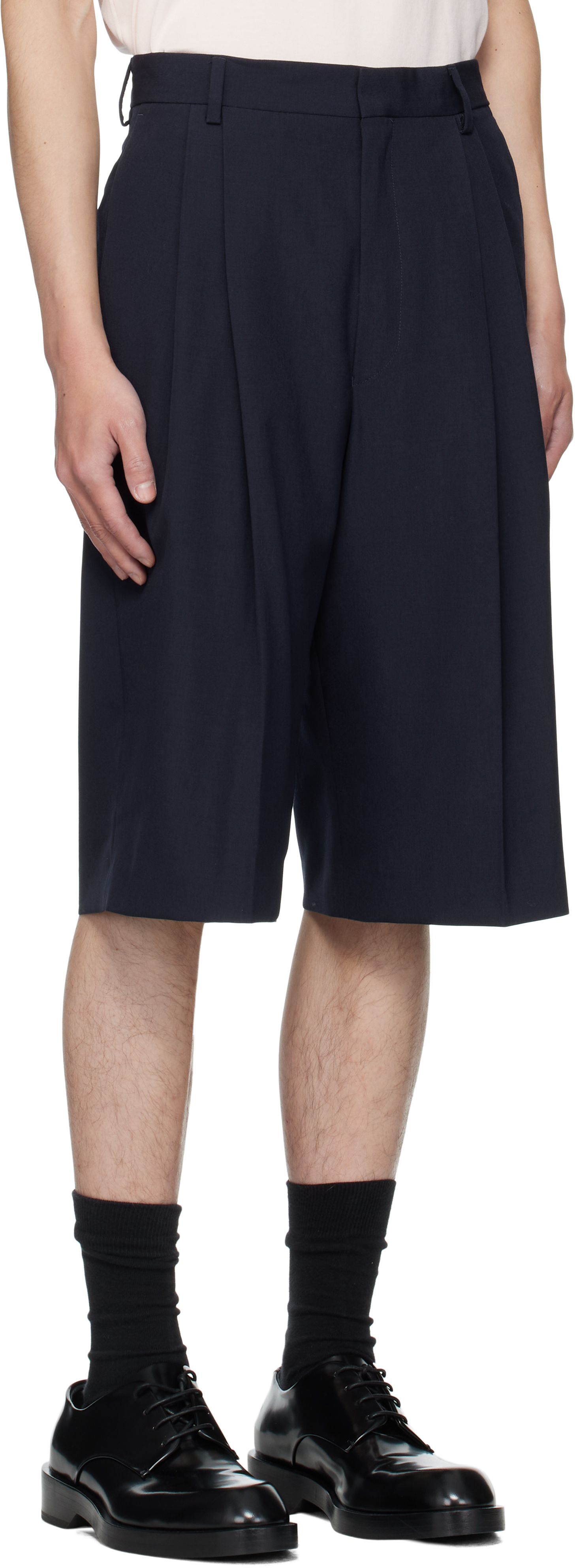 Dries Van Noten Navy Tailored Wool Shorts In Blue