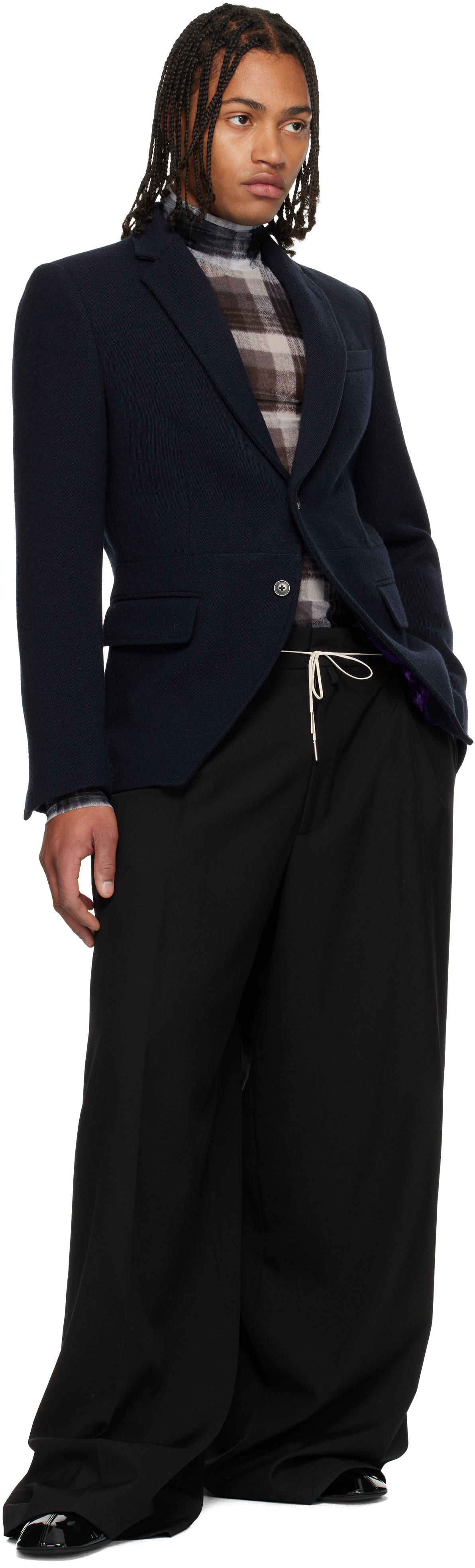 Dries Van Noten Navy Cropped Suit Blazer In Blue