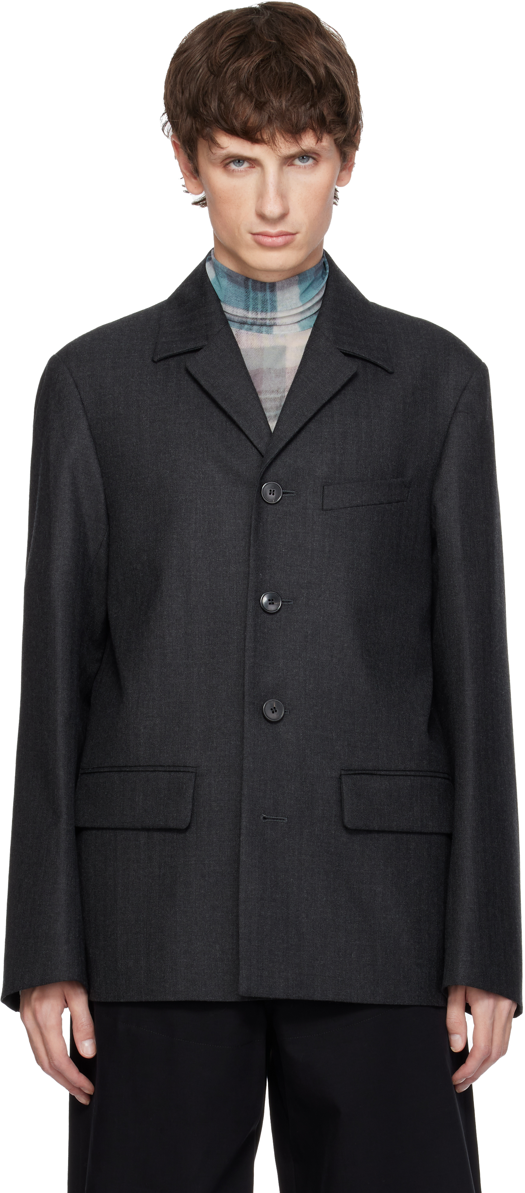 Dries Van Noten Gray Herringbone Wool Blazer In Black