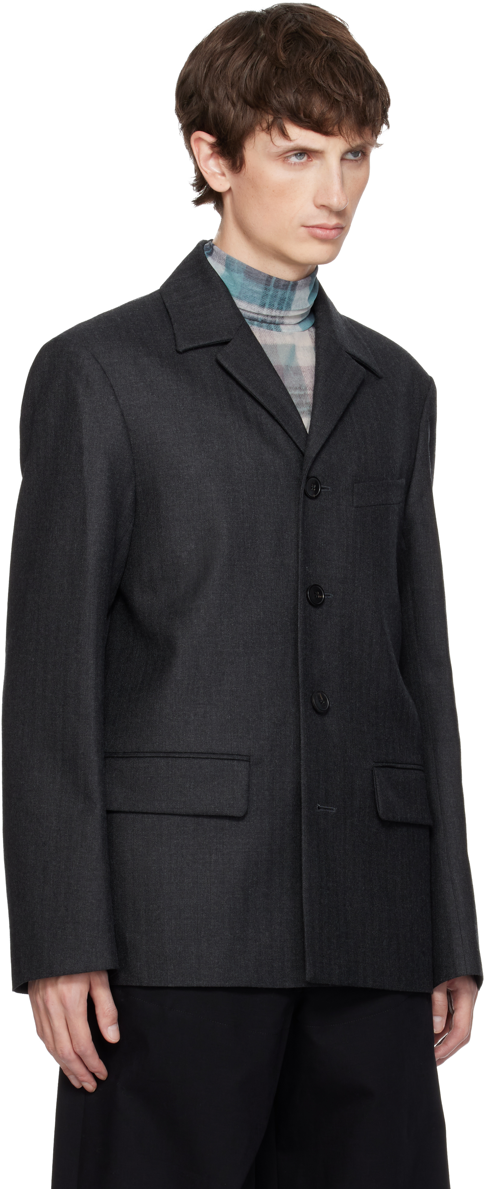 Dries Van Noten Gray Herringbone Wool Blazer In Black