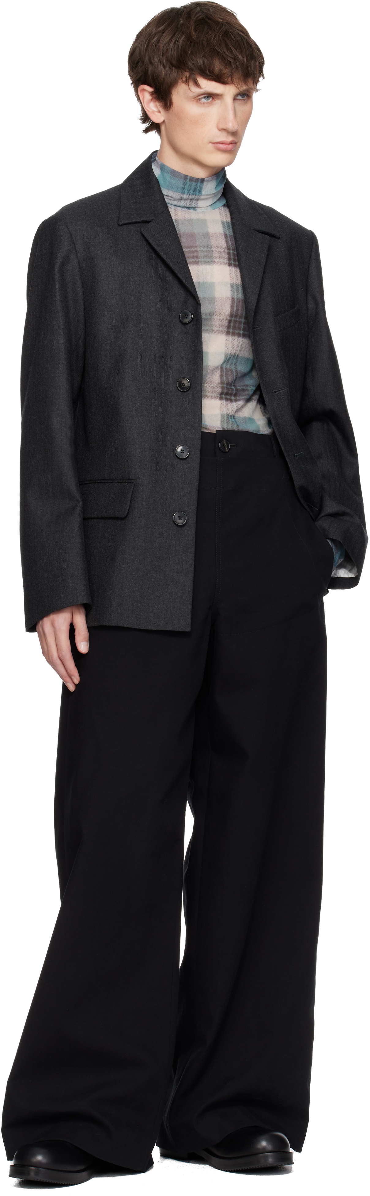 Dries Van Noten Gray Herringbone Wool Blazer In Black