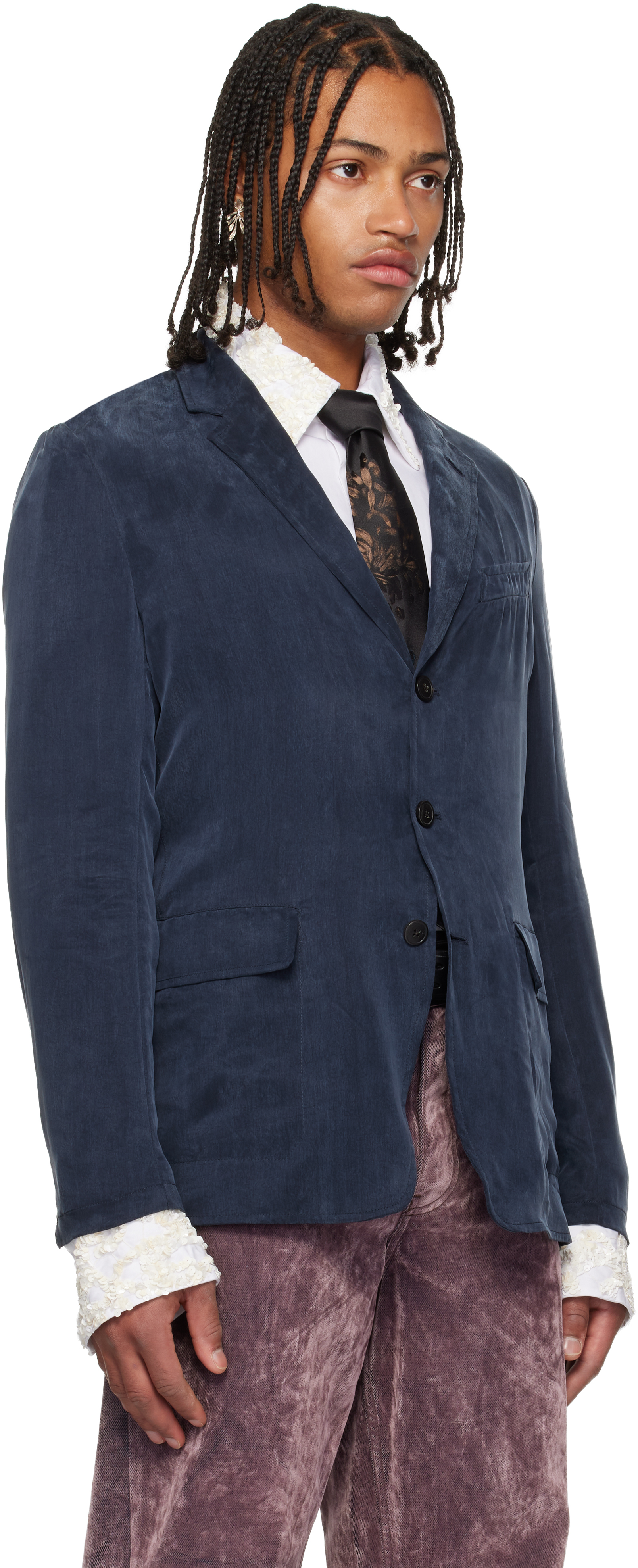 Dries Van Noten Navy Peached Twill Blazer In Blue