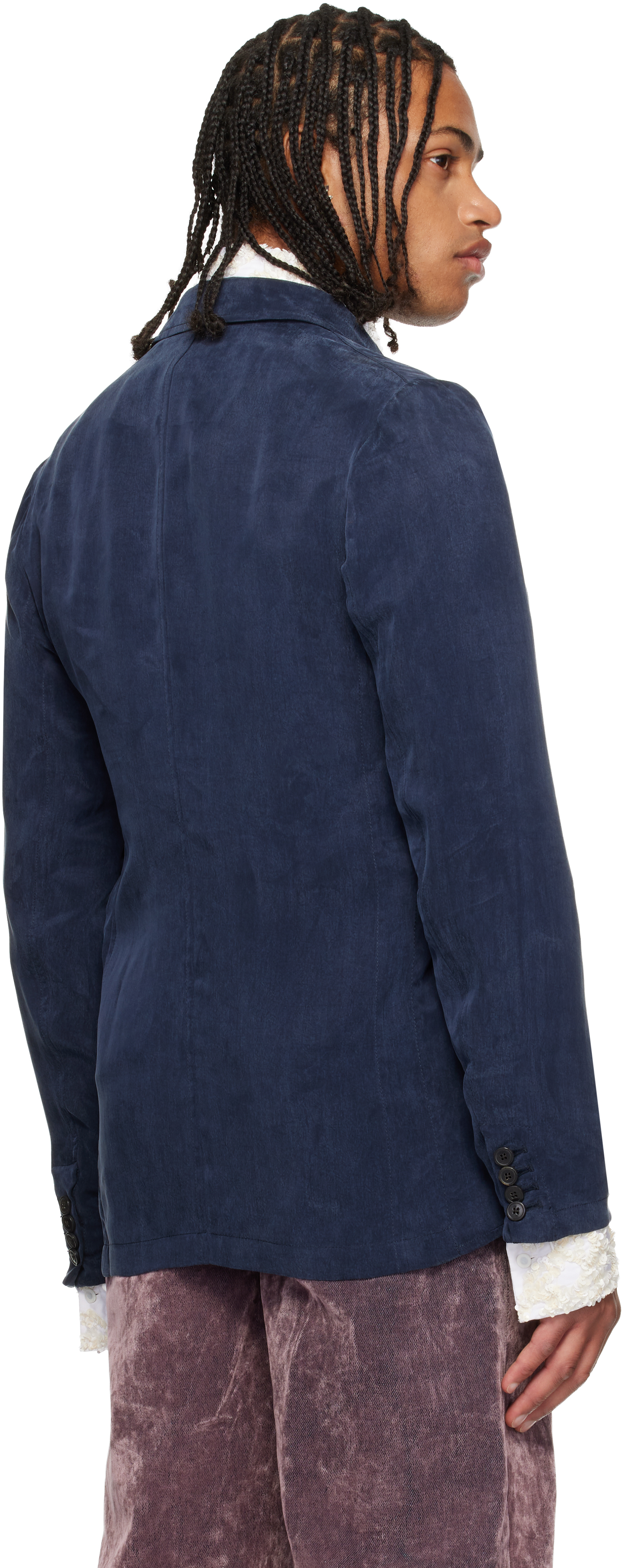Dries Van Noten Navy Peached Twill Blazer In Blue
