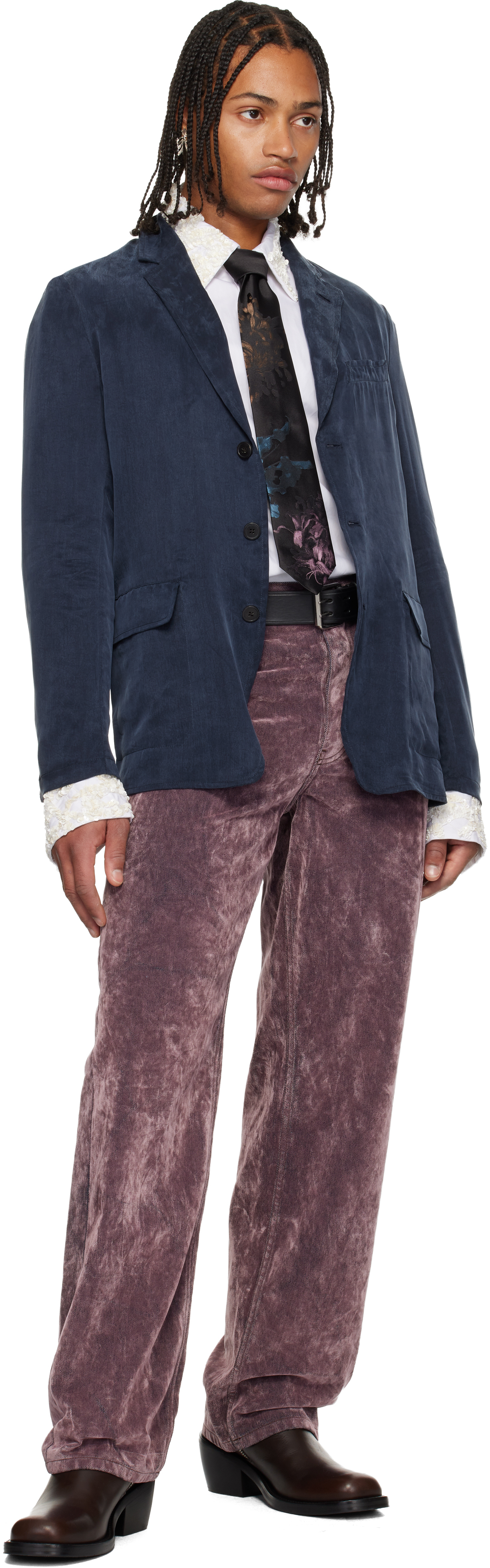 Dries Van Noten Navy Peached Twill Blazer In Blue