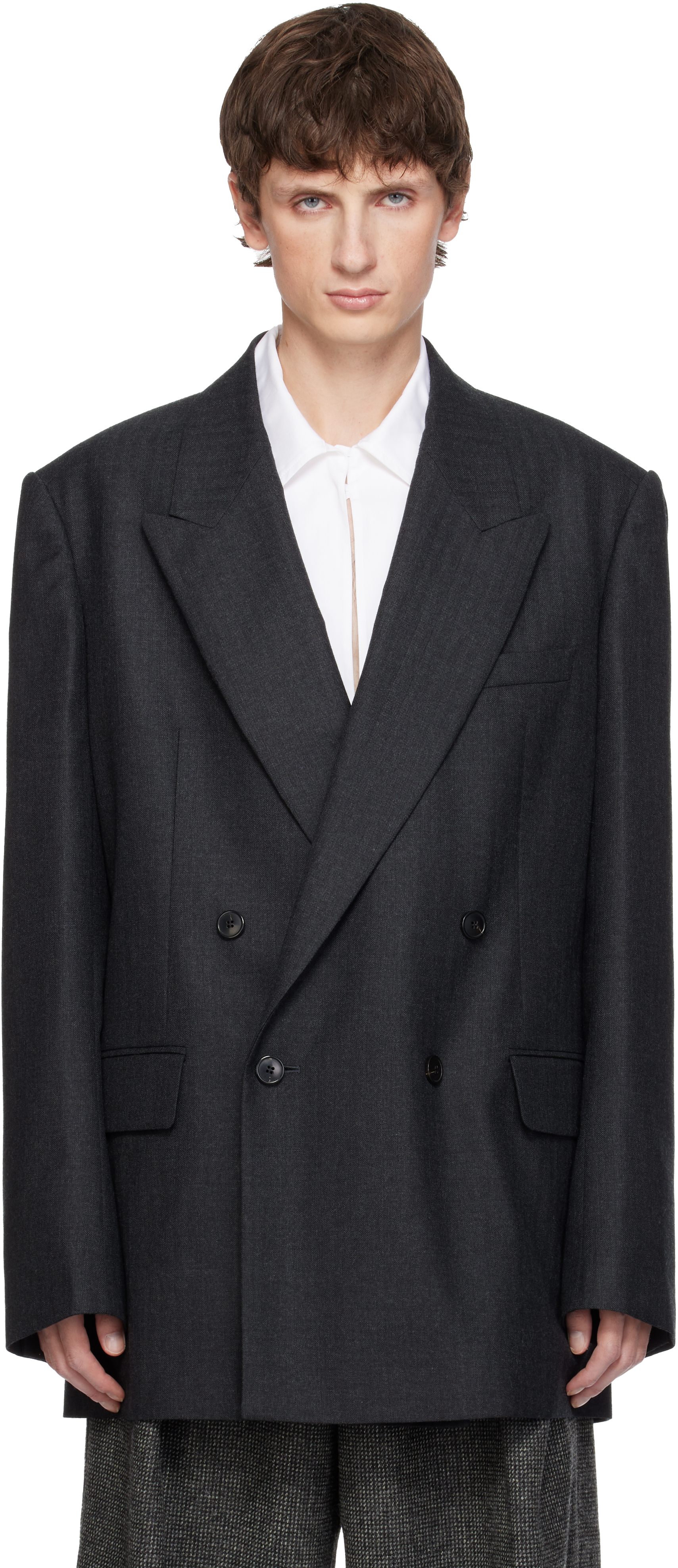 Dries Van Noten Gray Herringbone Wool Blazer In Blue