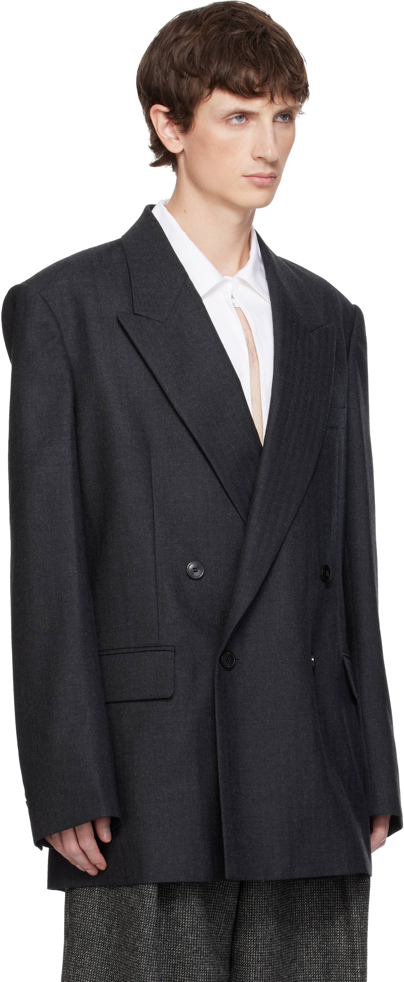 Dries Van Noten Gray Herringbone Wool Blazer In Blue