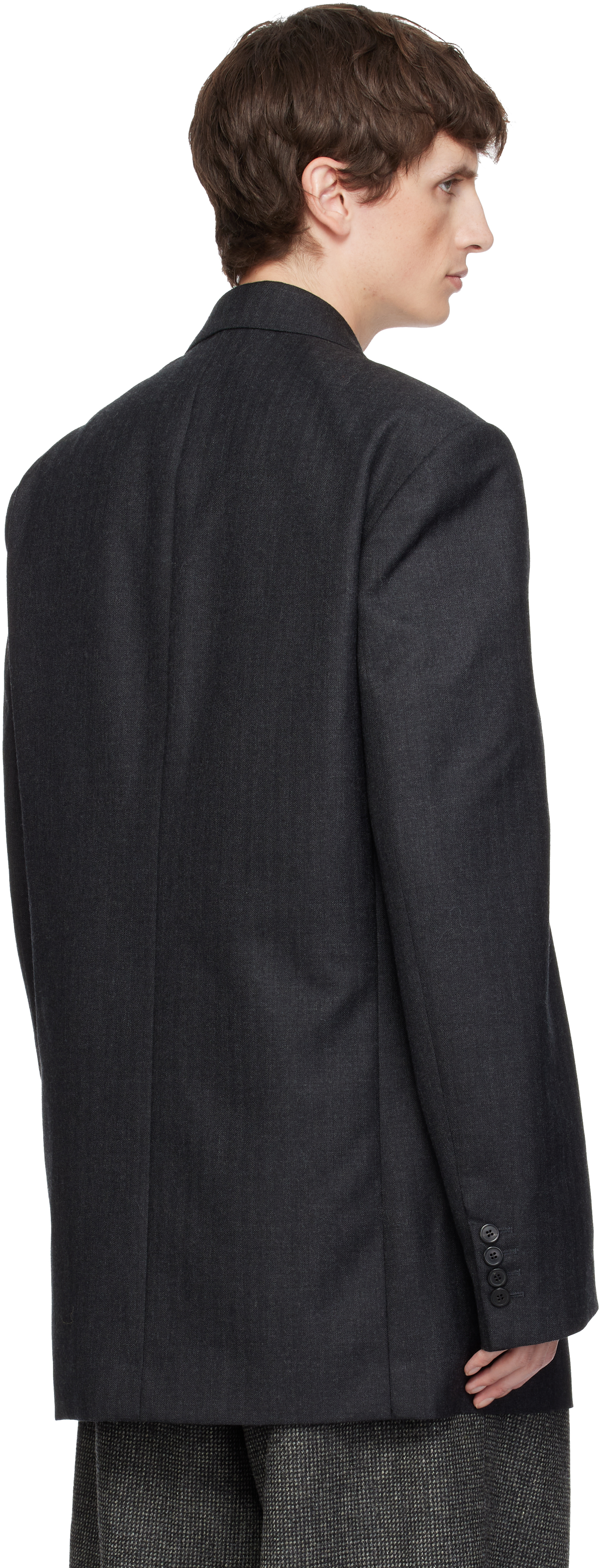 Dries Van Noten Gray Herringbone Wool Blazer In Blue