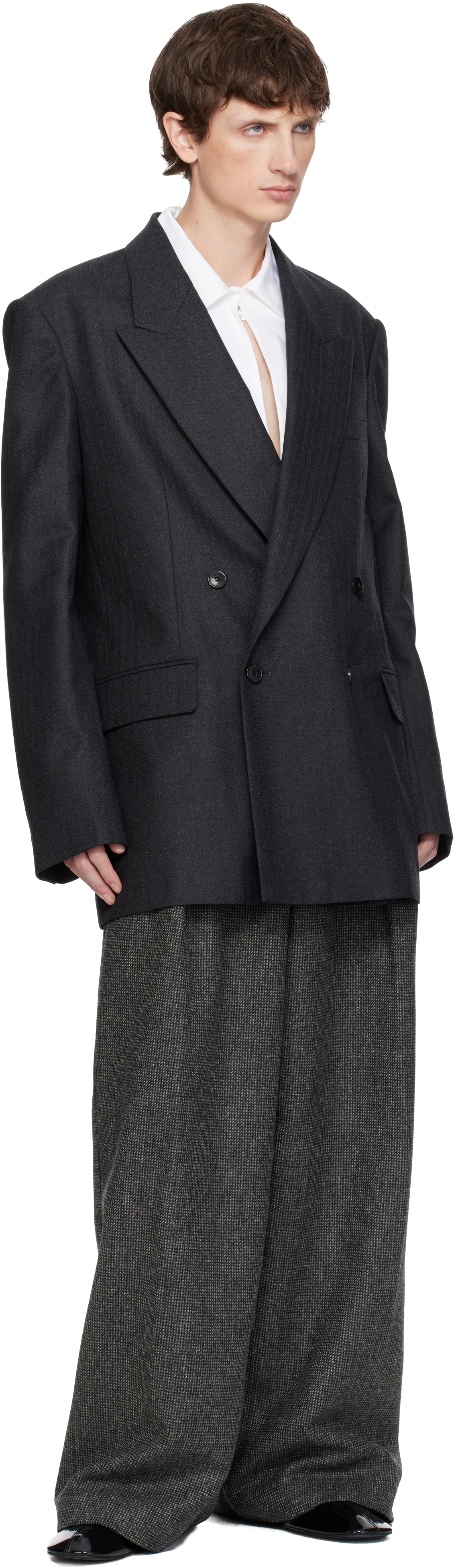 Dries Van Noten Gray Herringbone Wool Blazer In Blue