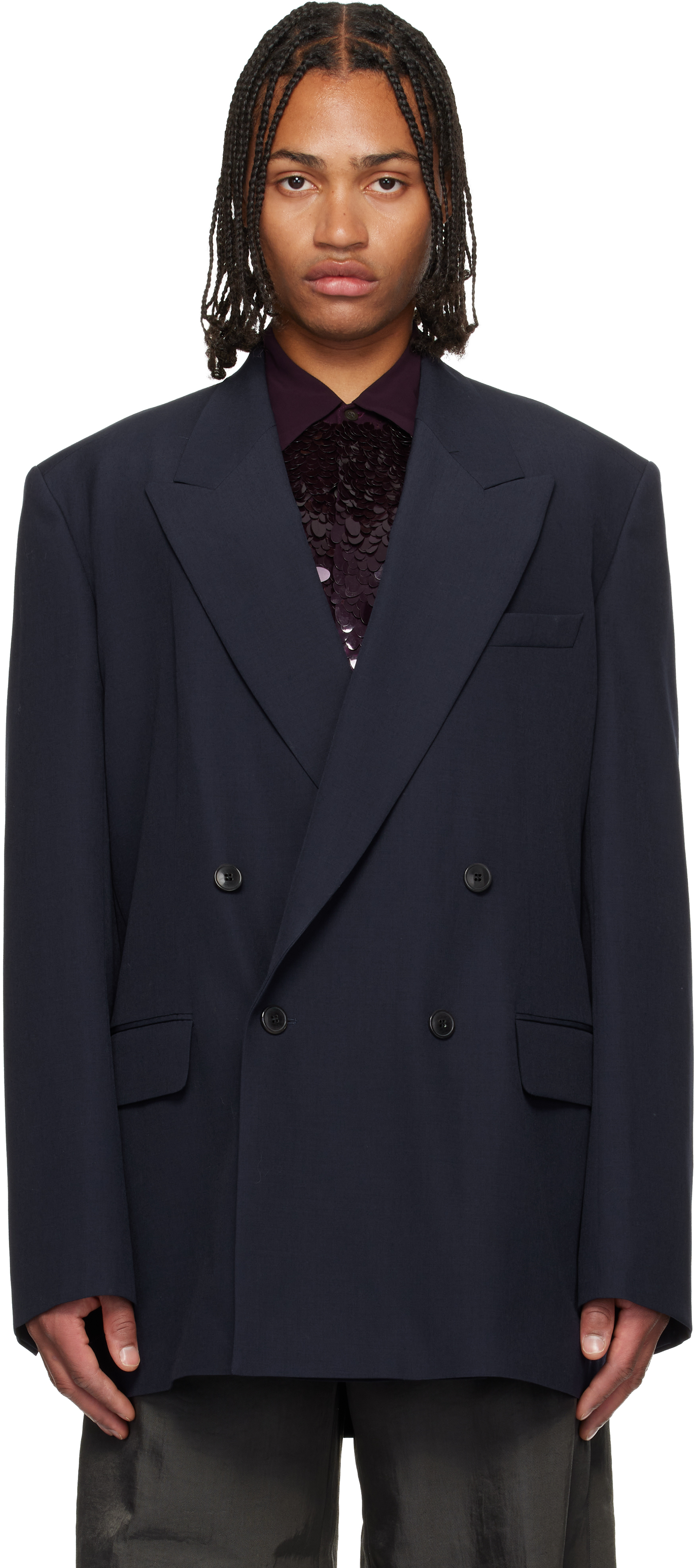 Dries Van Noten Navy Wool Blazer In Blue
