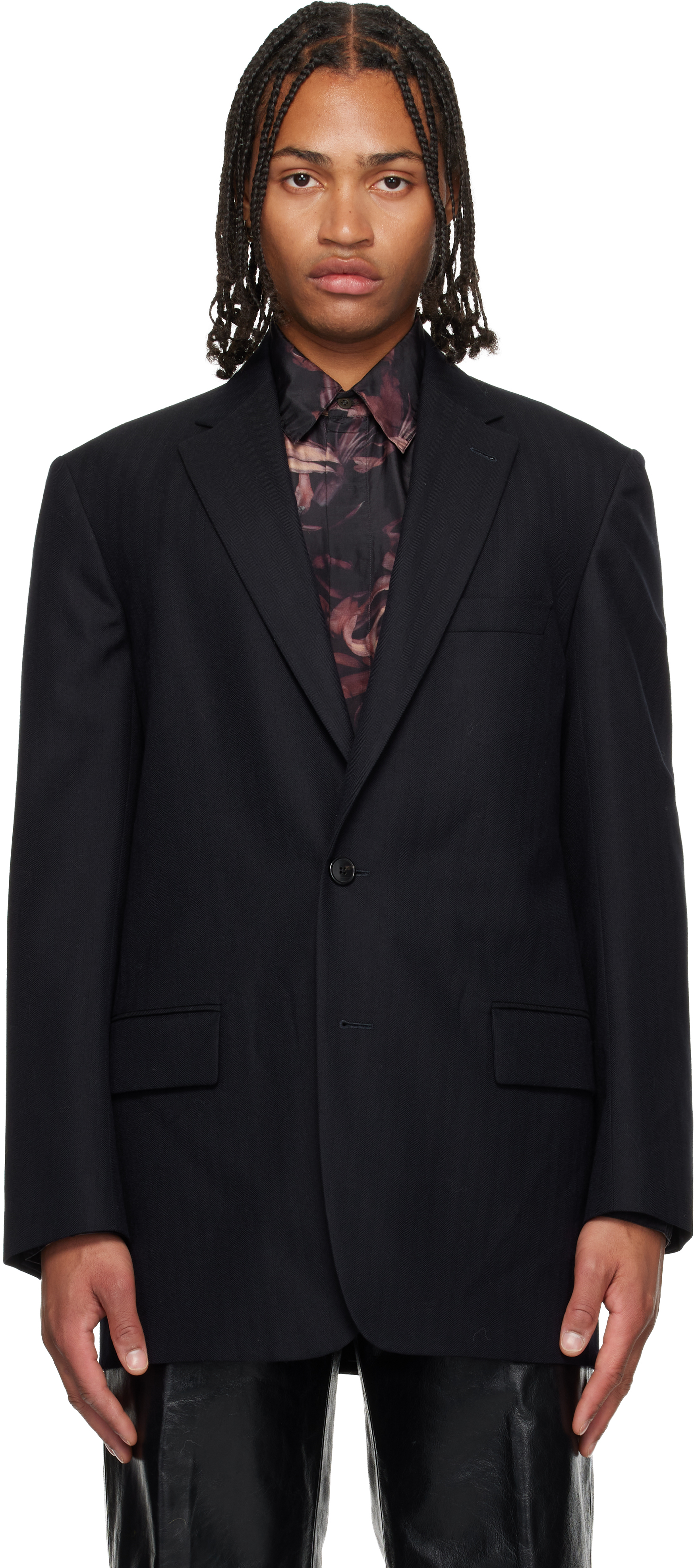 Dries Van Noten Navy Herringbone Wool Blazer In Black