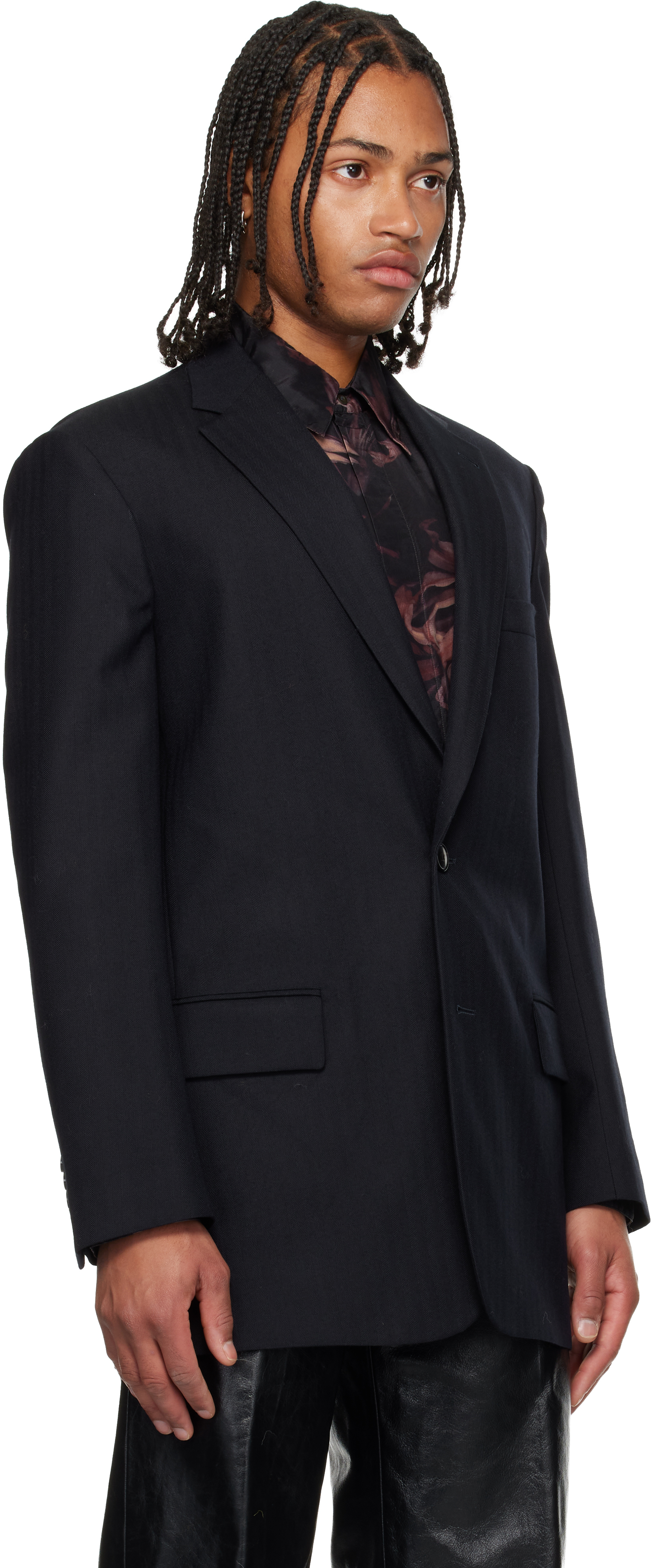Dries Van Noten Navy Herringbone Wool Blazer In Black