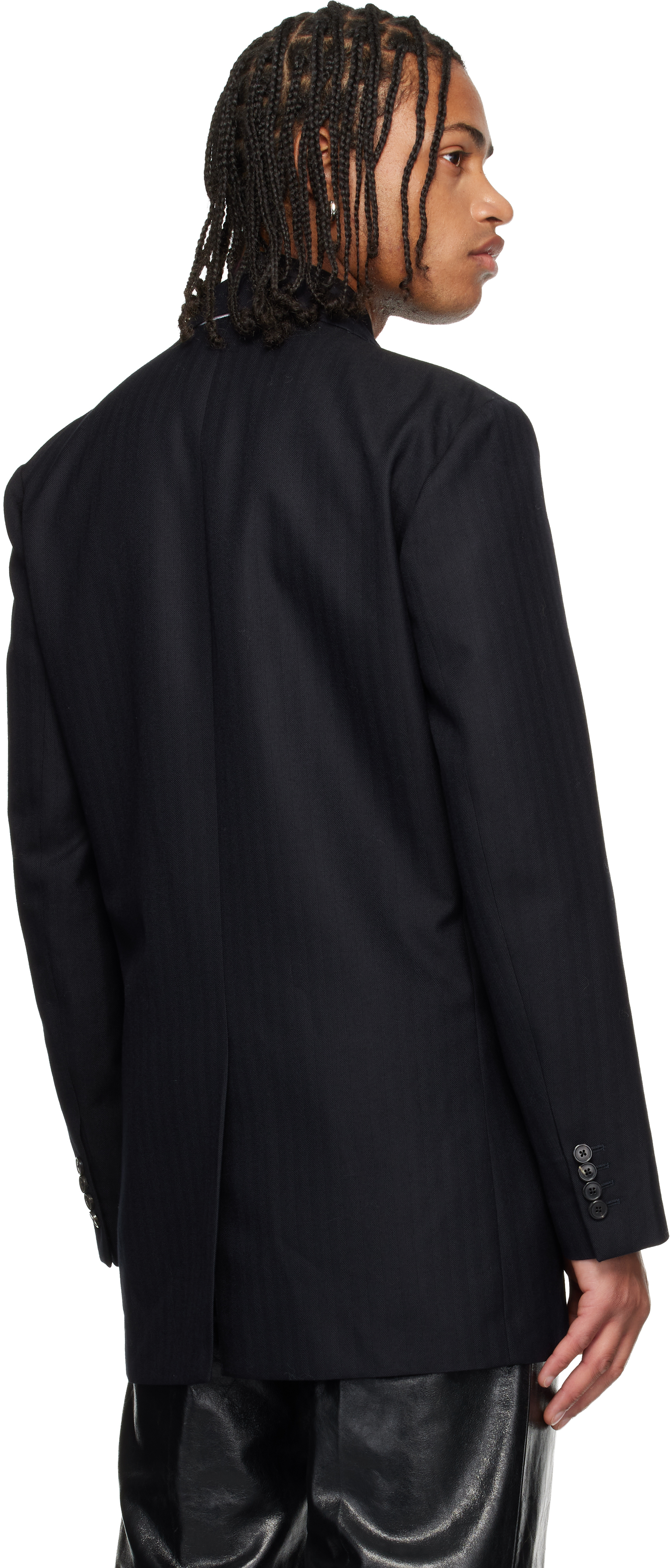 Dries Van Noten Navy Herringbone Wool Blazer In Black