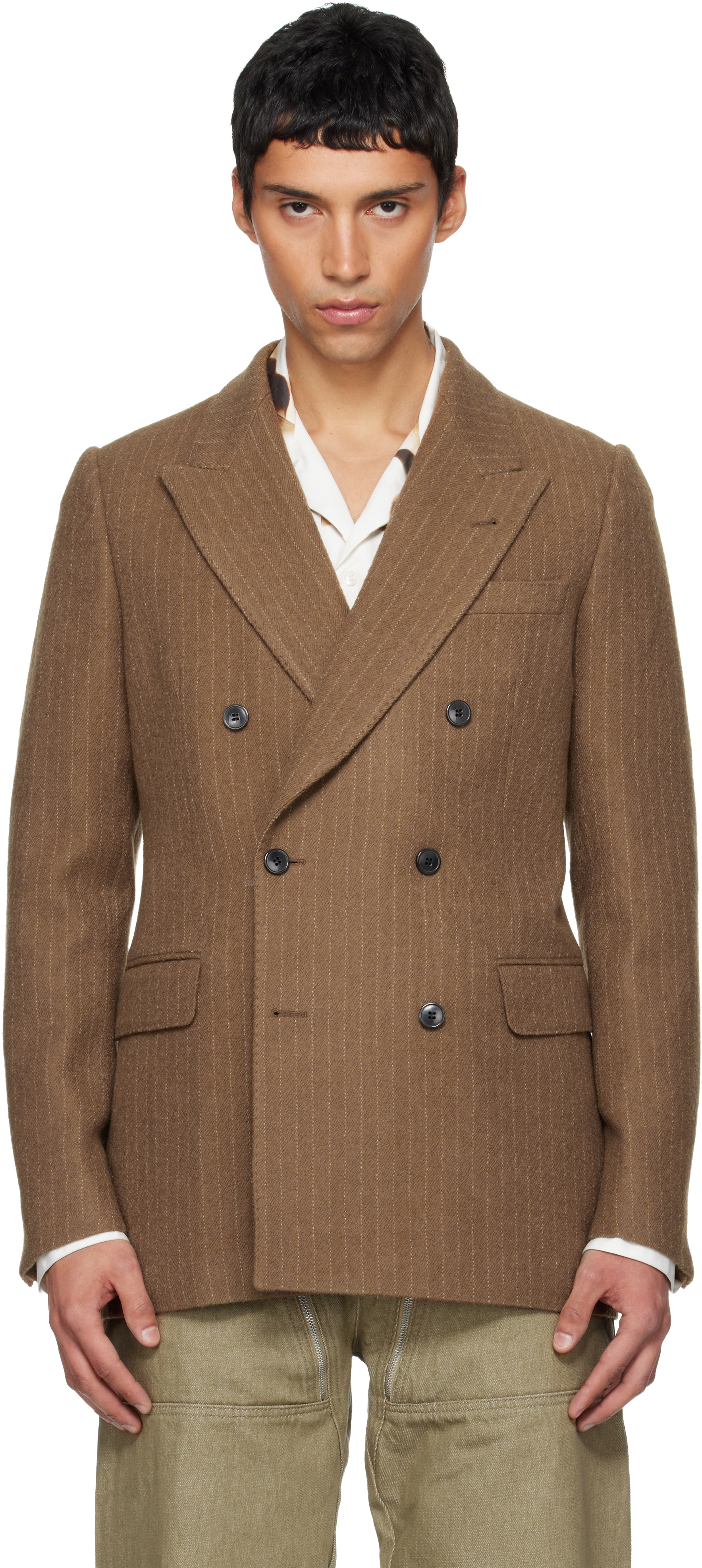 Tan Pinstripe Blazer by Dries Van Noten on Sale
