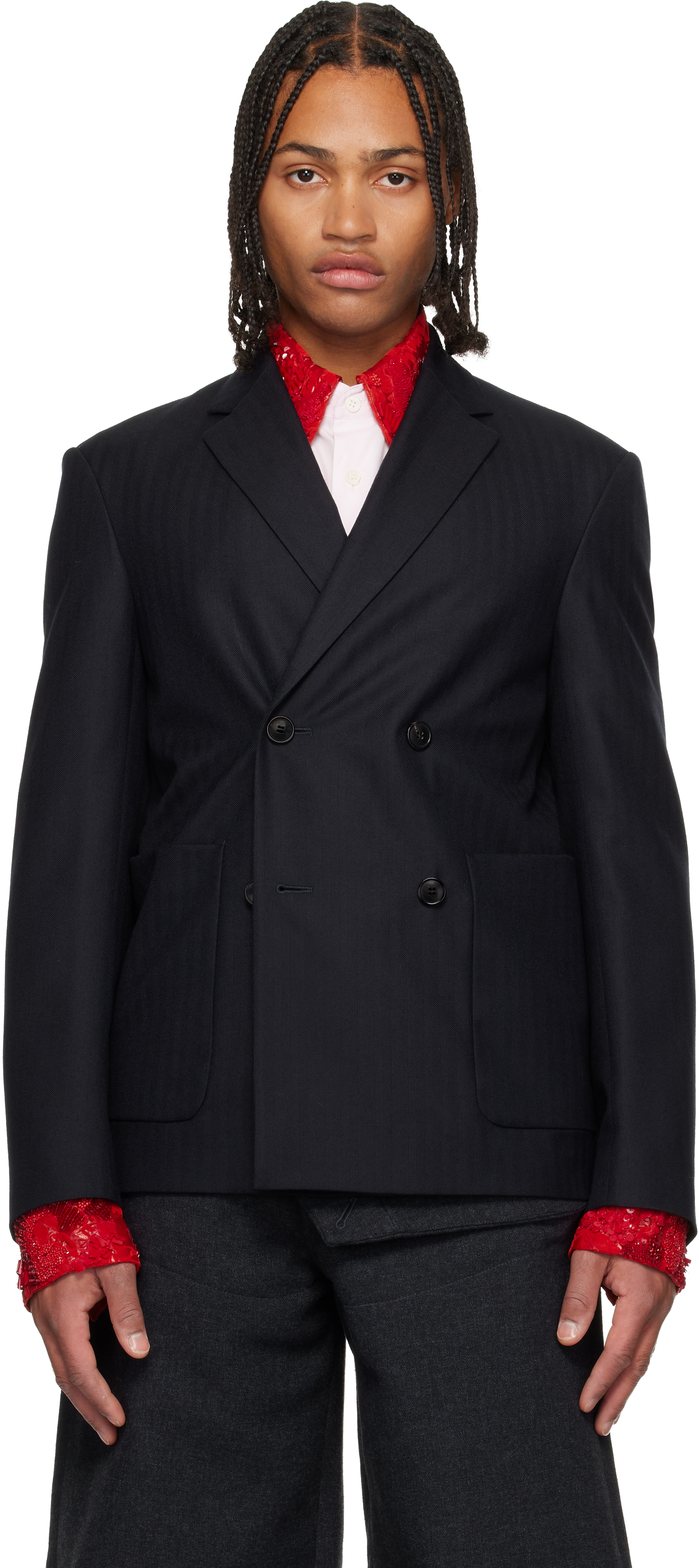 Dries Van Noten Navy Wool Blazer In Black