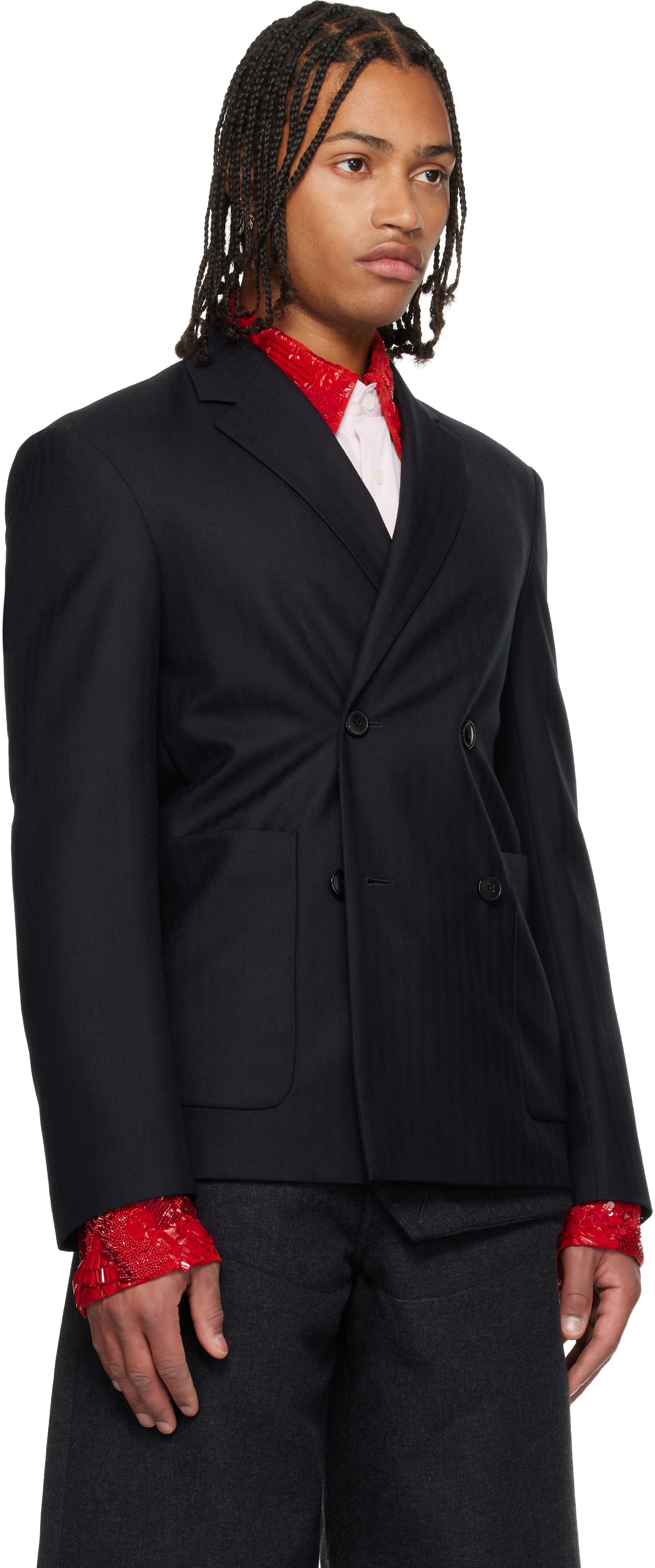 Dries Van Noten Navy Wool Blazer In Black
