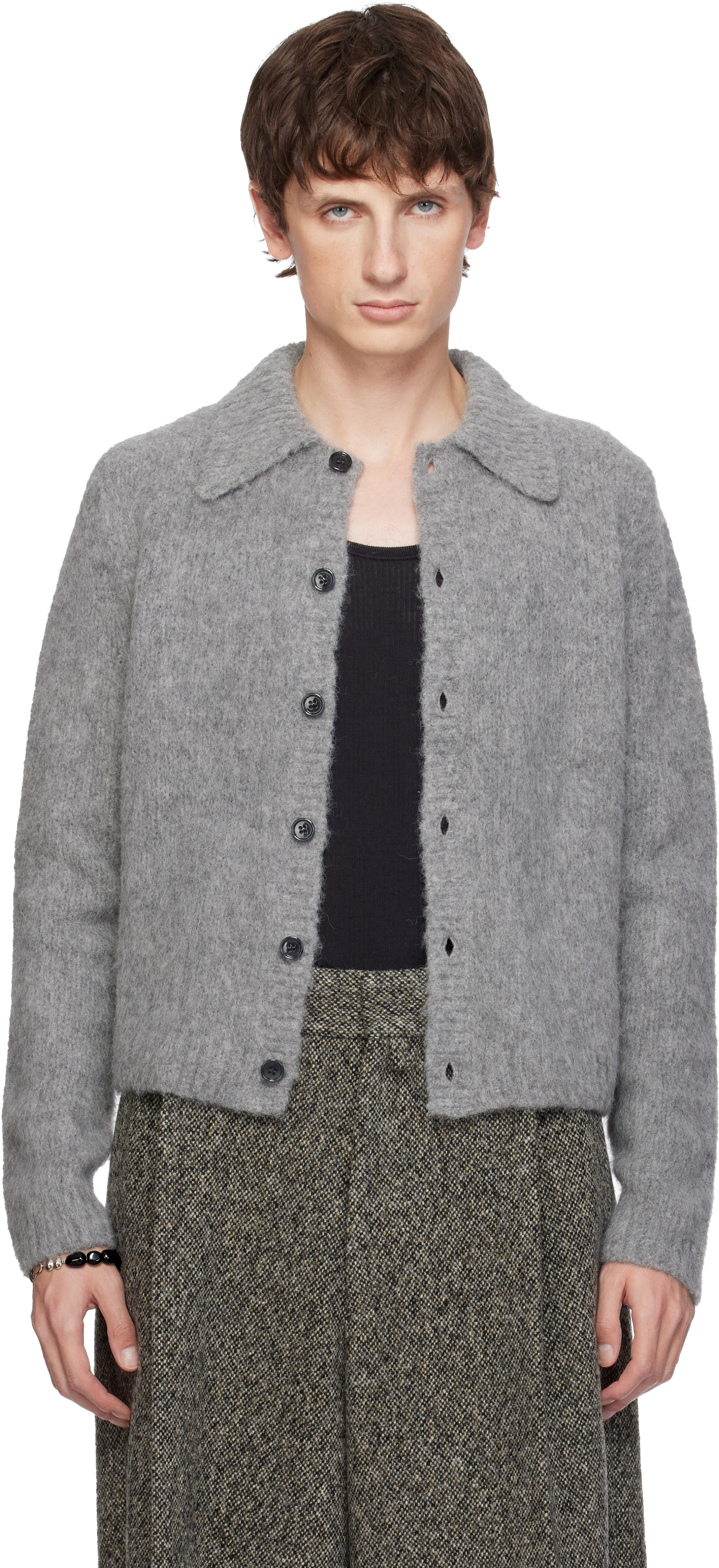 Dries Van Noten: Gray Cropped Wool Cardigan | SSENSE