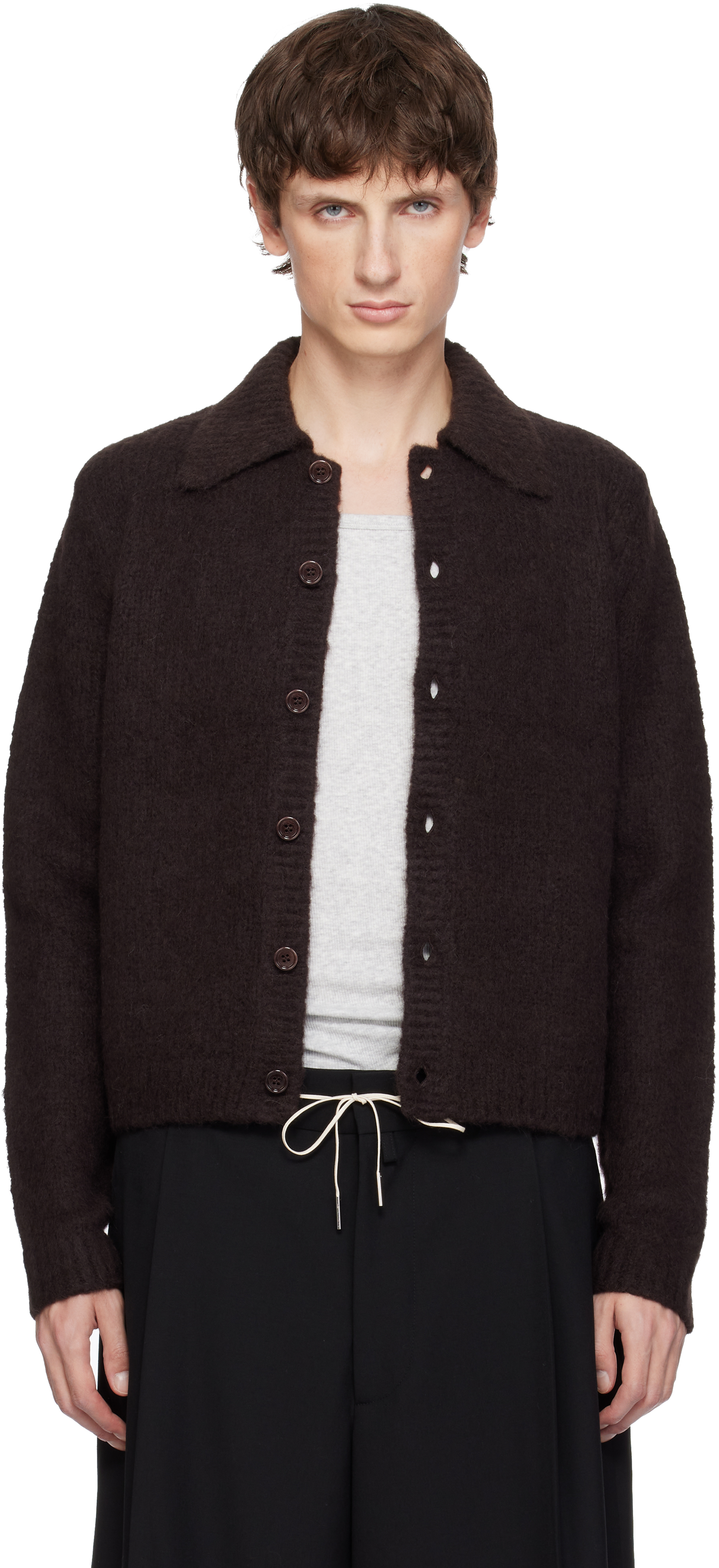 DRIES VAN NOTEN ウールカーディガン　ブラック Dries Van Noten: Men's V-Neck Cardigan (Dark Brown) | DSML E-SHOP