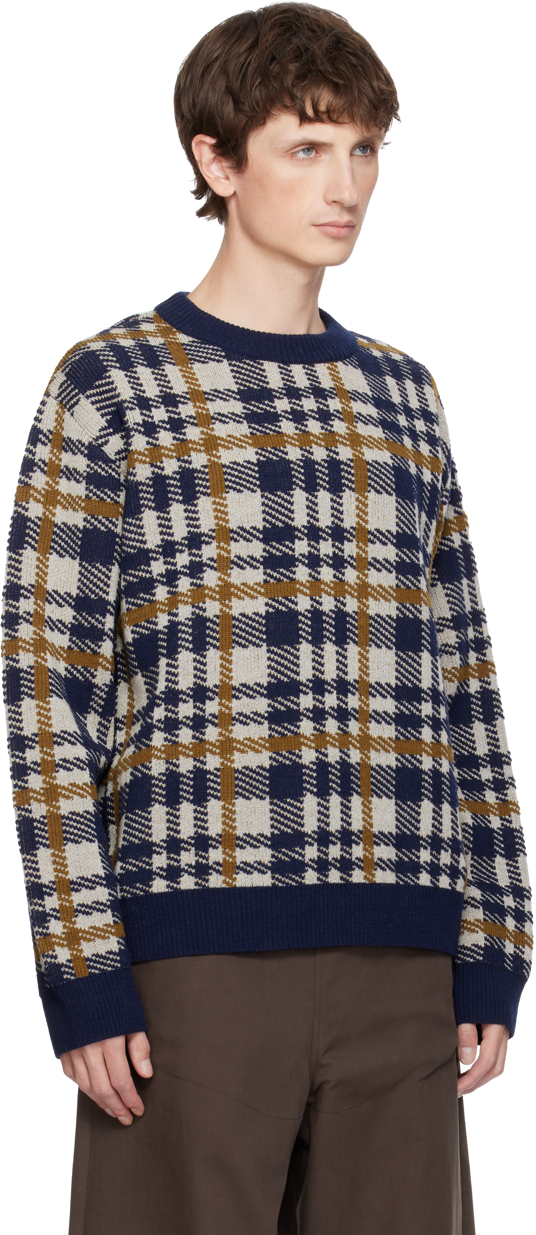 Dries Van Noten Navy Check Sweater In Blue