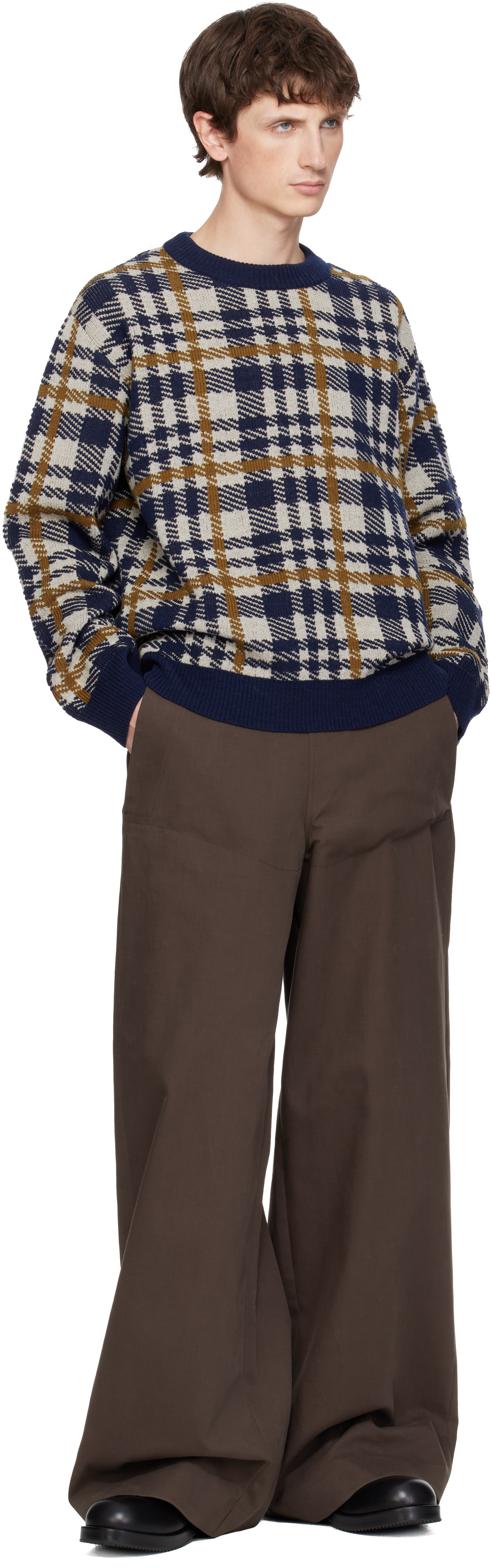 Dries Van Noten Navy Check Sweater In Blue