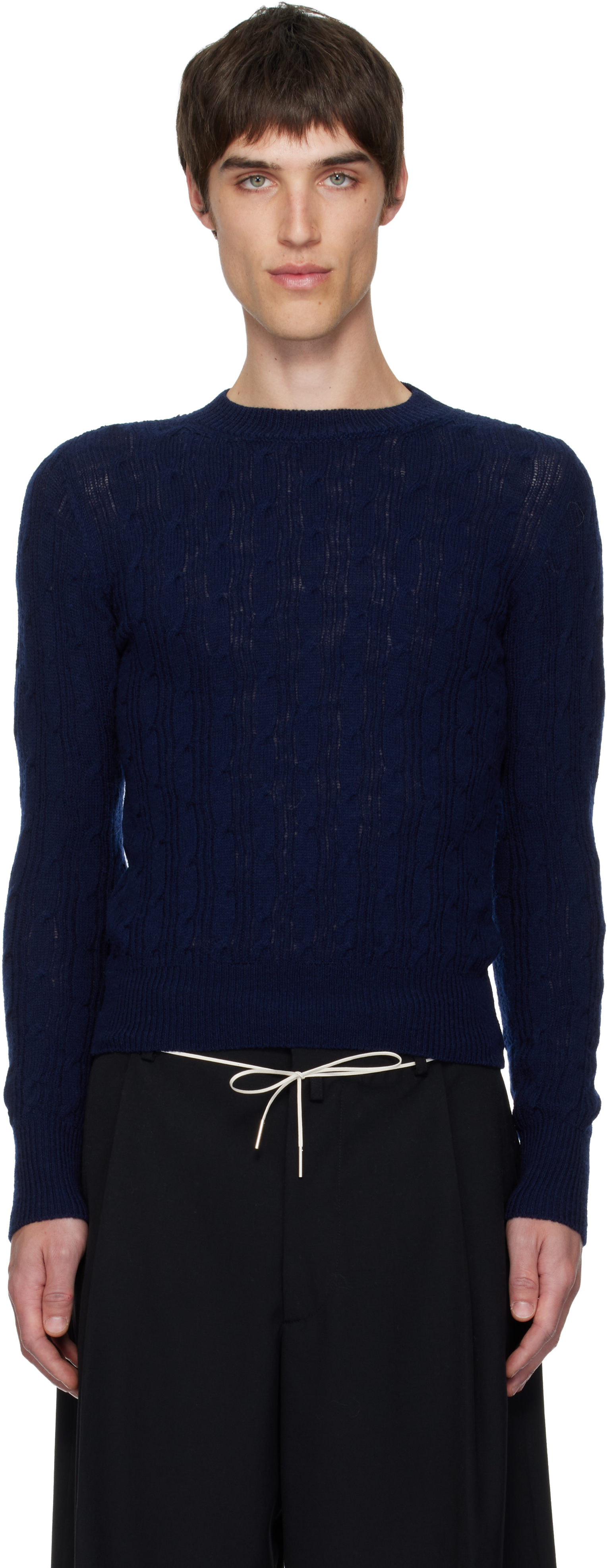 Dries Van Noten Navy Cable-knit Sweater In Blue