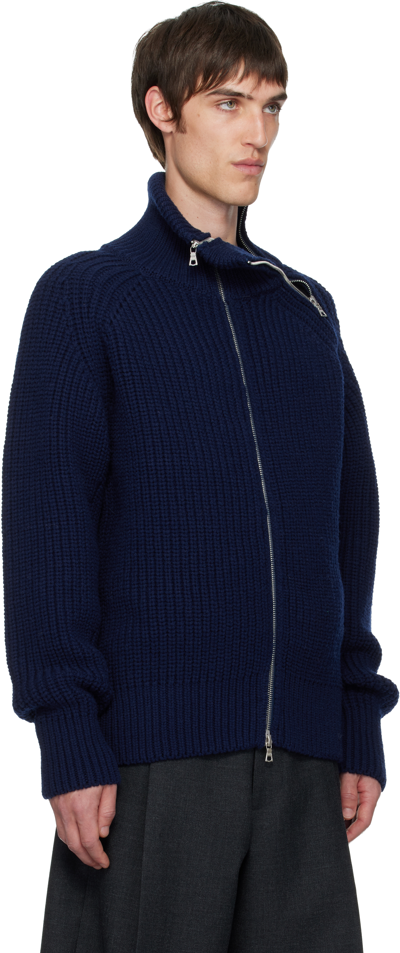 Dries Van Noten Men Zippered Wool Sweater In Blue