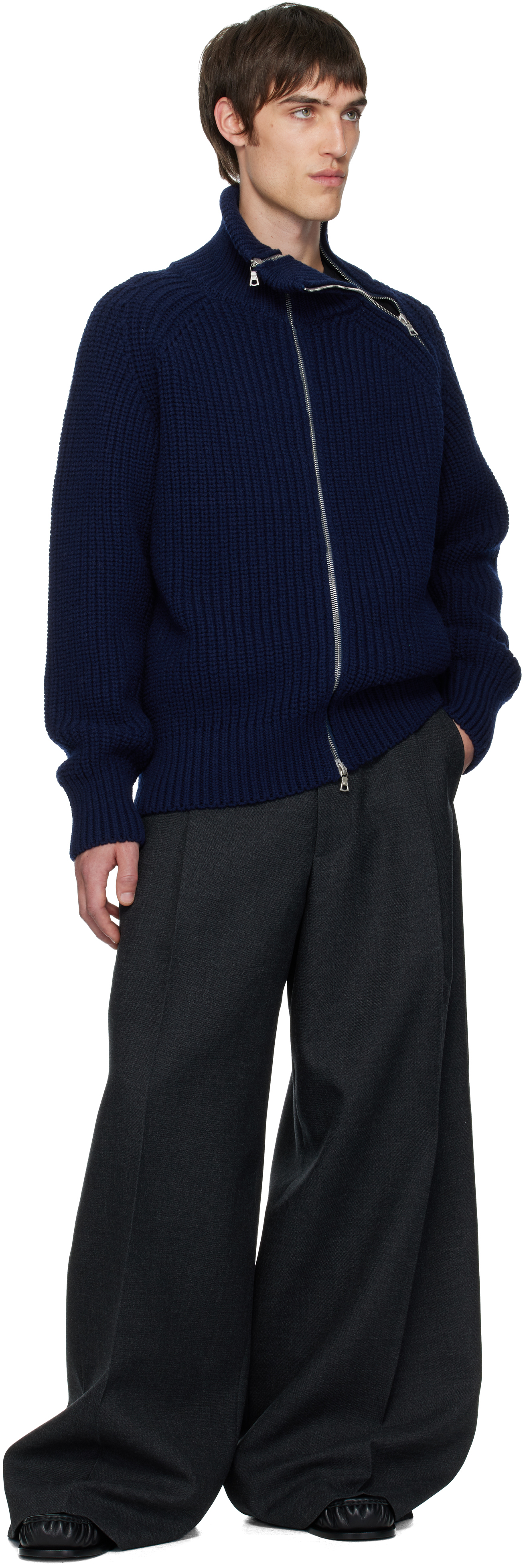 Dries Van Noten Men Zippered Wool Sweater In Blue