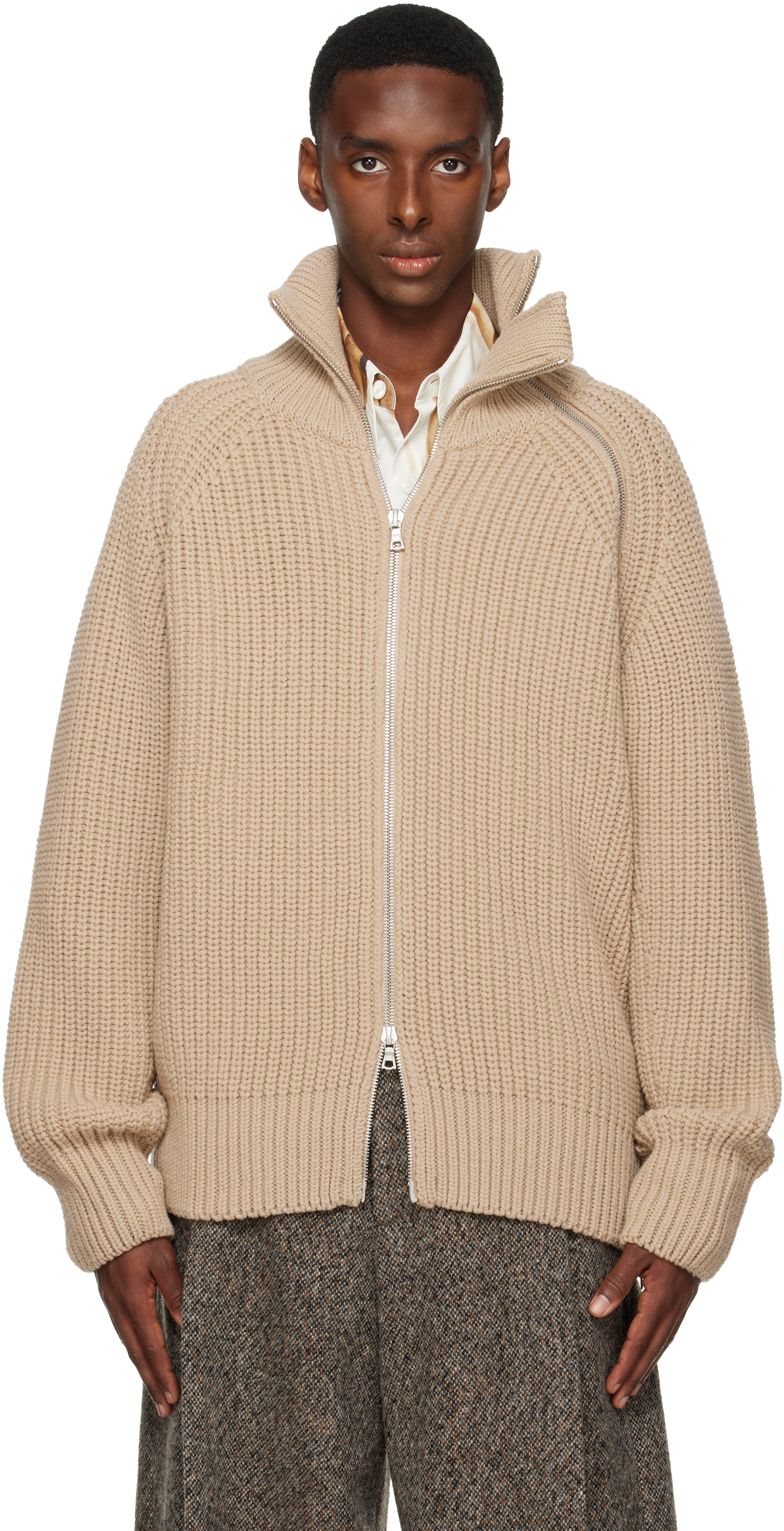 Dries Van Noten Beige Zip Sweater In Multi