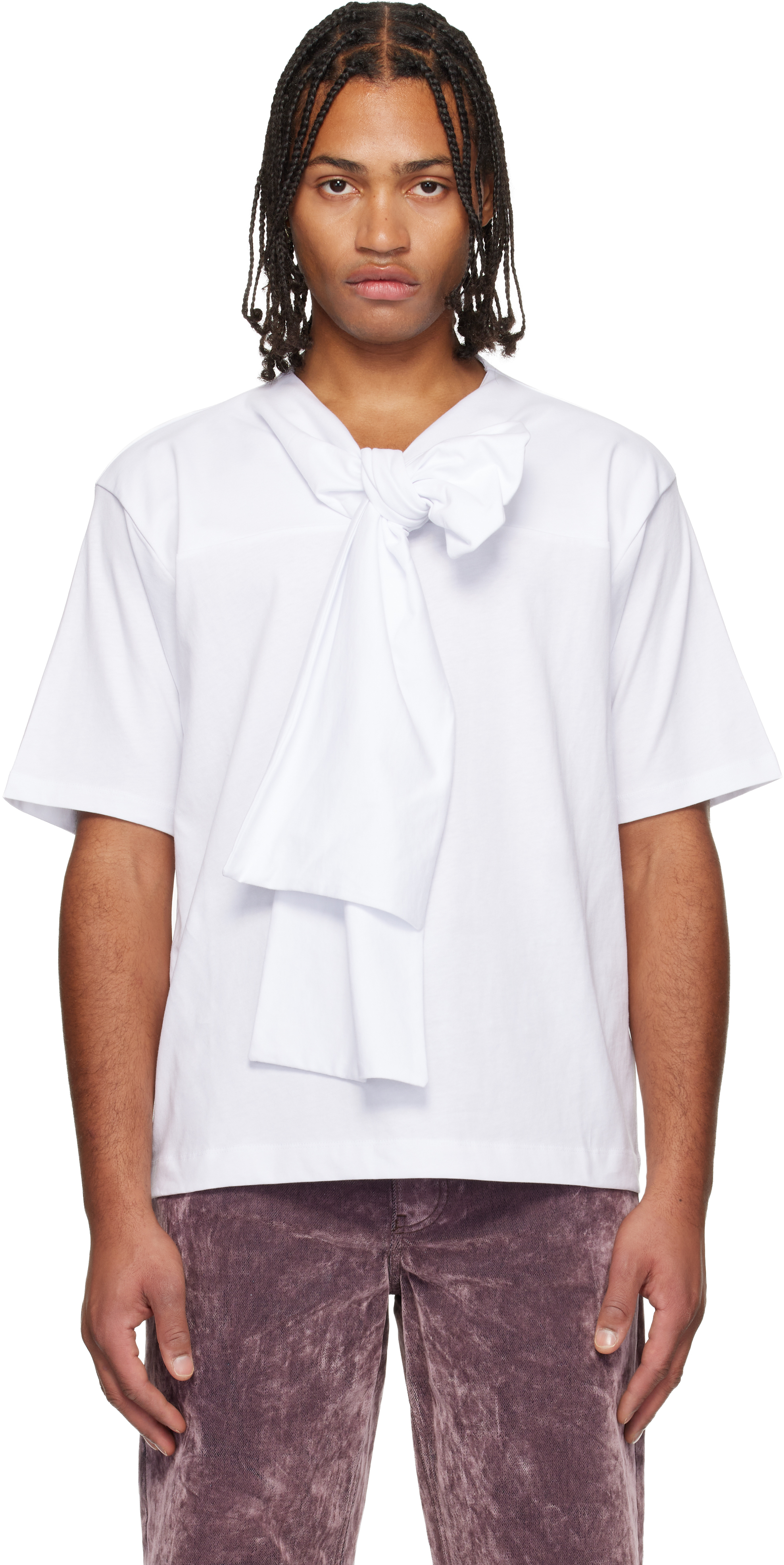 White Bow Neck Cotton T-shirt by Dries Van Noten on Sale