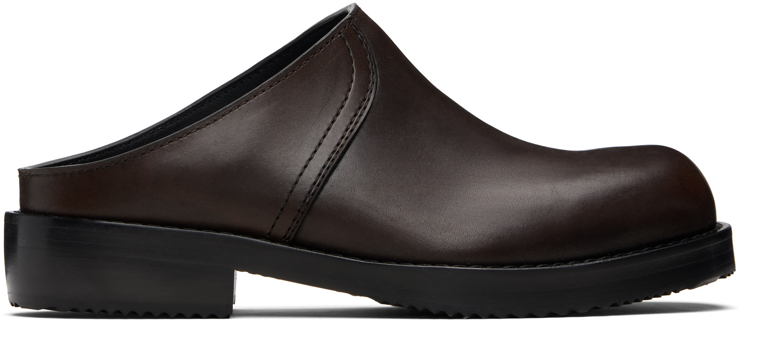 Dries Van Noten Round Toe Leather Clogs With Rubber Sole In Brown
