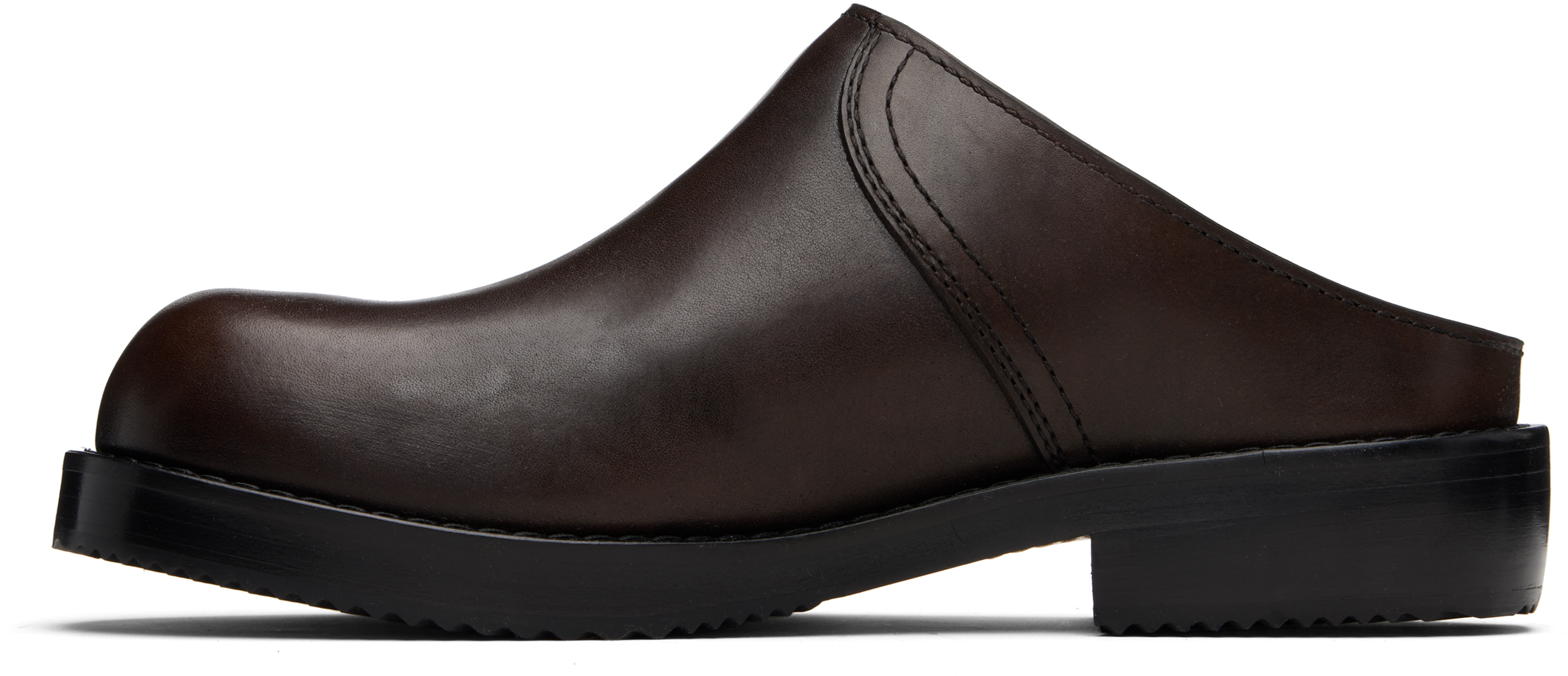Dries Van Noten Round Toe Leather Clogs With Rubber Sole In Brown