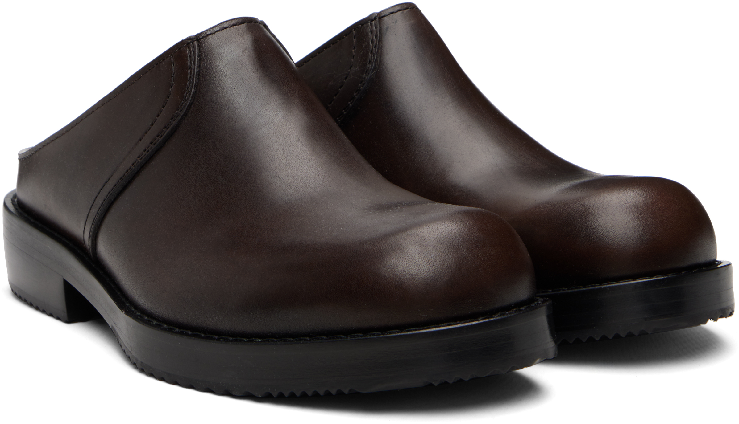 Dries Van Noten Round Toe Leather Clogs With Rubber Sole In Brown